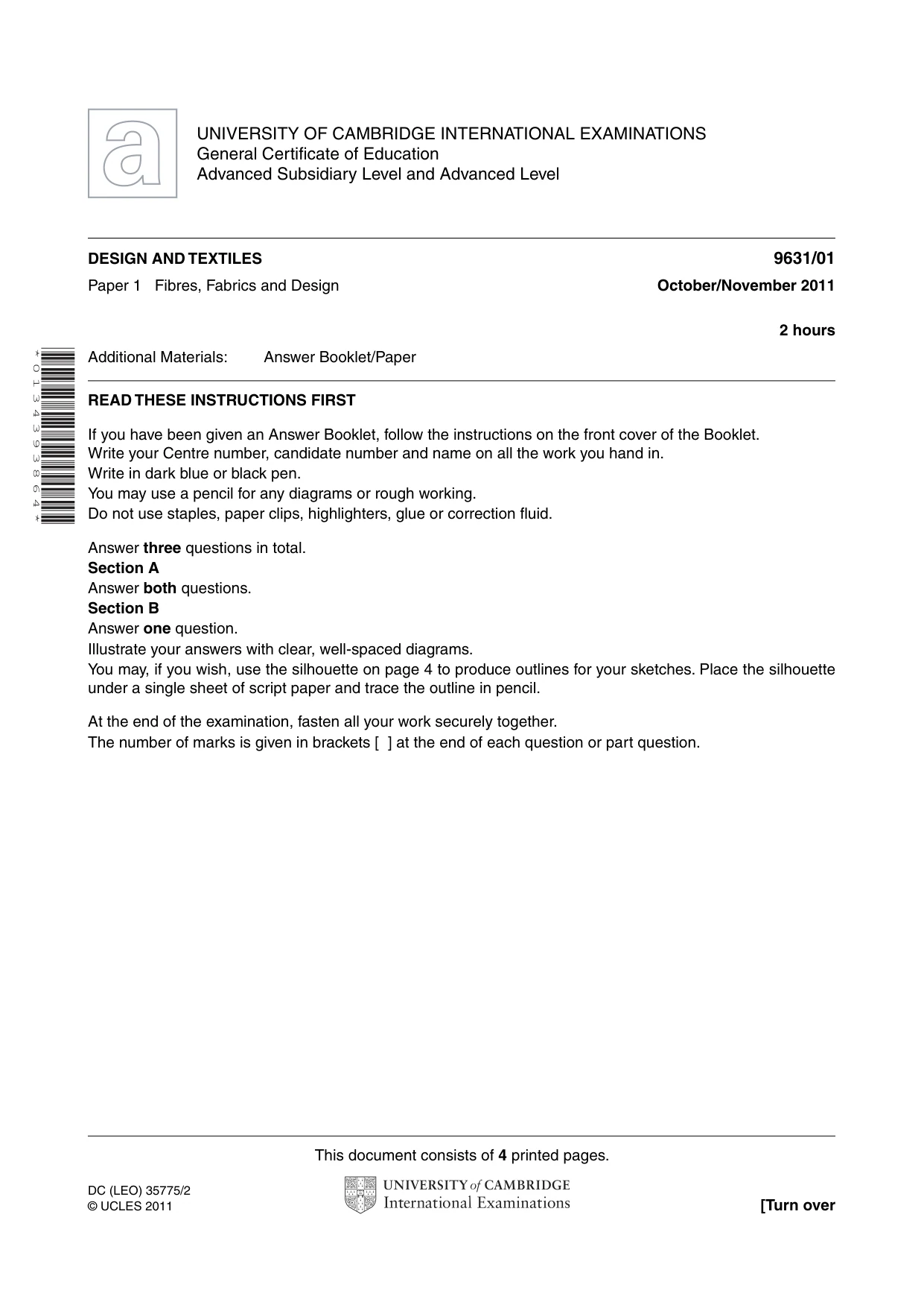 Cambridge A Level Design and Textiles 9631 2011 Oct/Nov Paper 1 · Variant 1 question paper, page 1 of 4