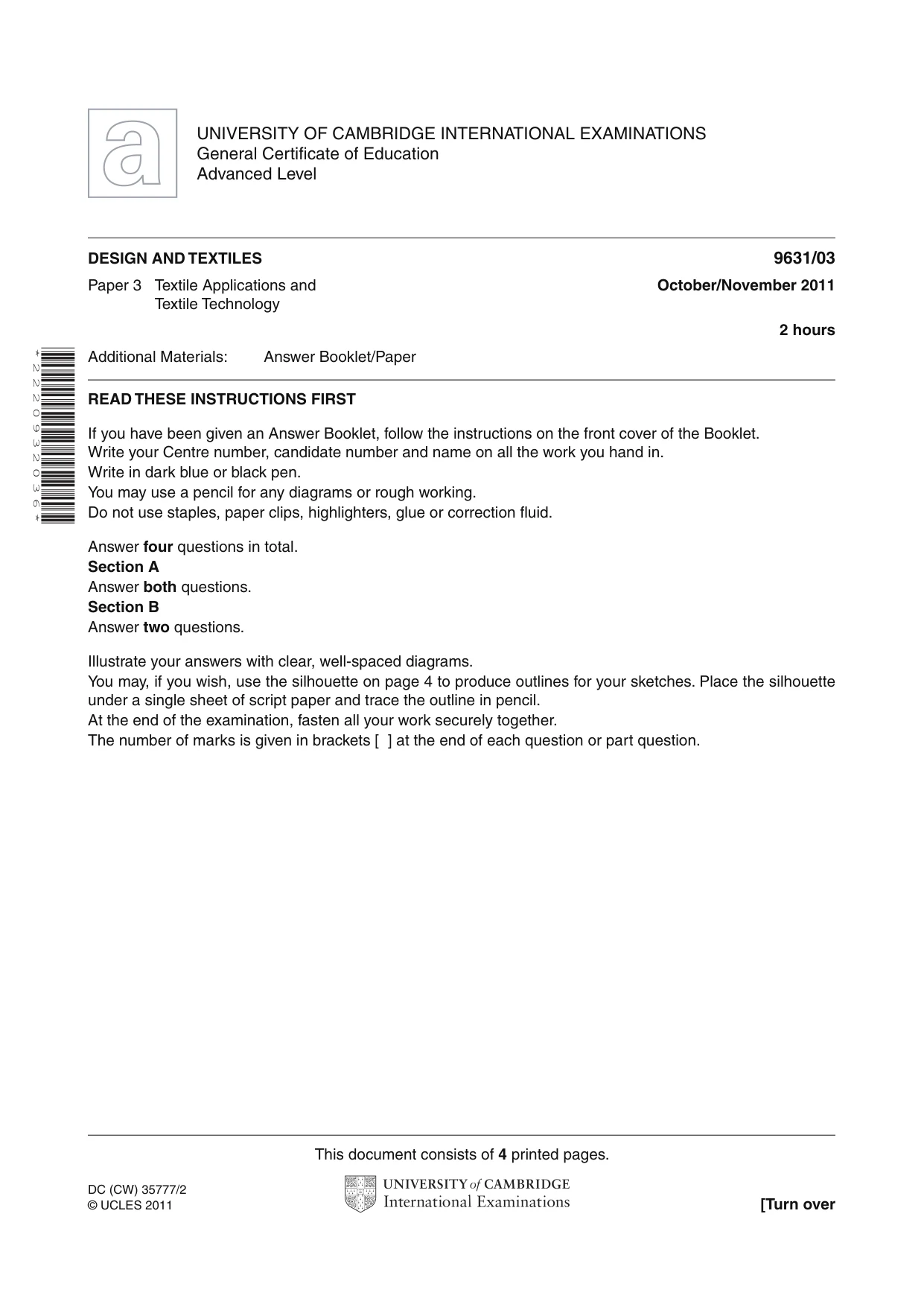 Cambridge A Level Design and Textiles 9631 2011 Oct/Nov Paper 3 · Variant 1 question paper, page 1 of 4