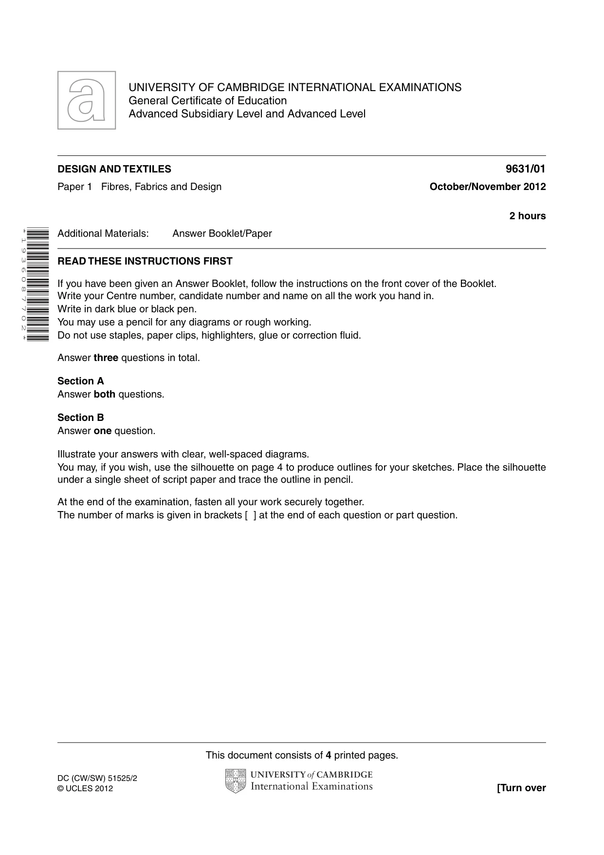 Cambridge A Level Design and Textiles 9631 2012 Oct/Nov Paper 1 · Variant 1 question paper, page 1 of 4