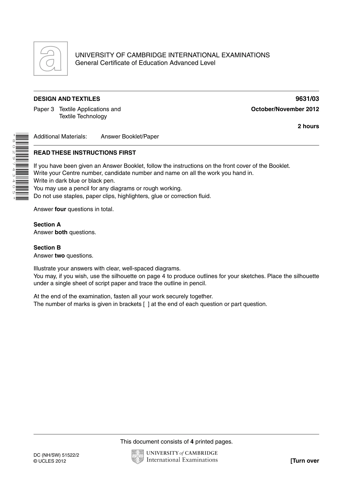 Cambridge A Level Design and Textiles 9631 2012 Oct/Nov Paper 3 · Variant 1 question paper, page 1 of 4