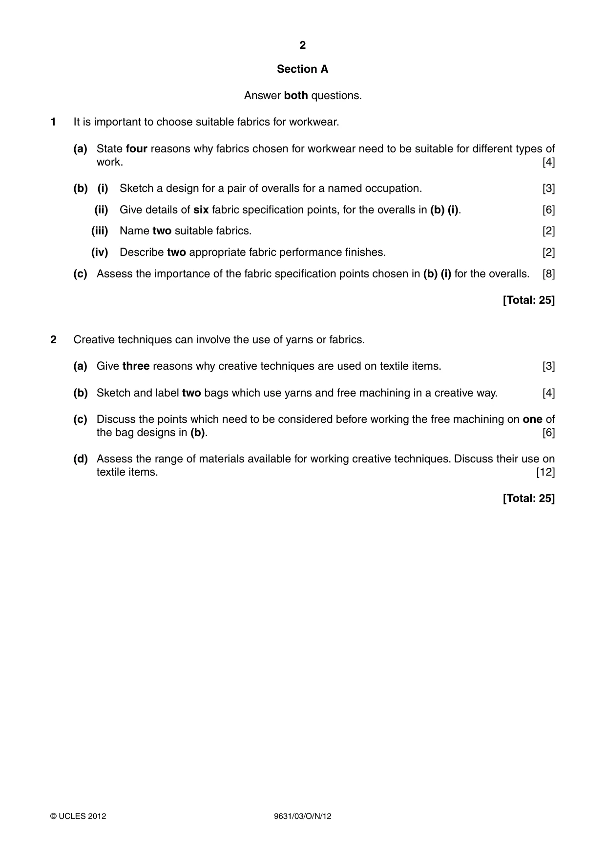 Cambridge A Level Design and Textiles 9631 2012 Oct/Nov Paper 3 · Variant 1 question paper, page 2 of 4