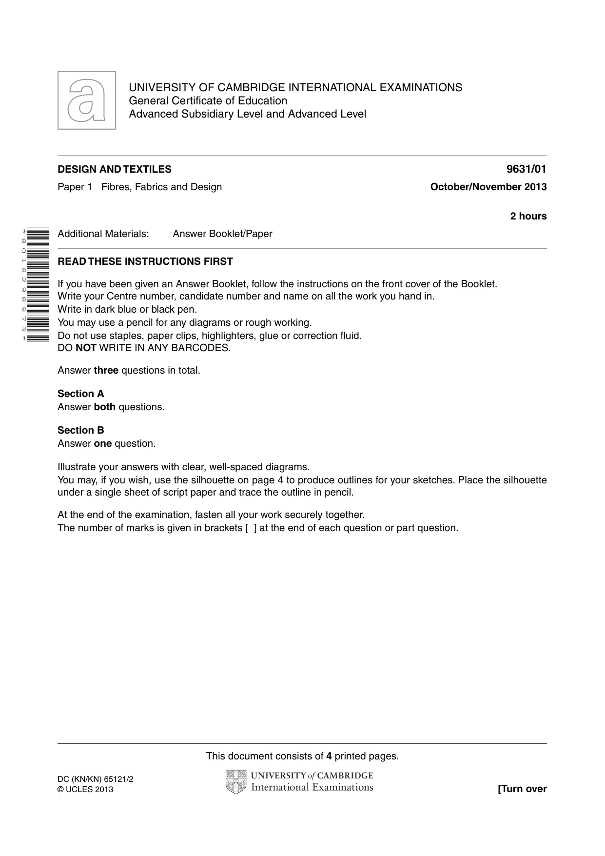 Cambridge A Level Design and Textiles 9631 2013 Oct/Nov Paper 1 · Variant 1 question paper, page 1 of 4