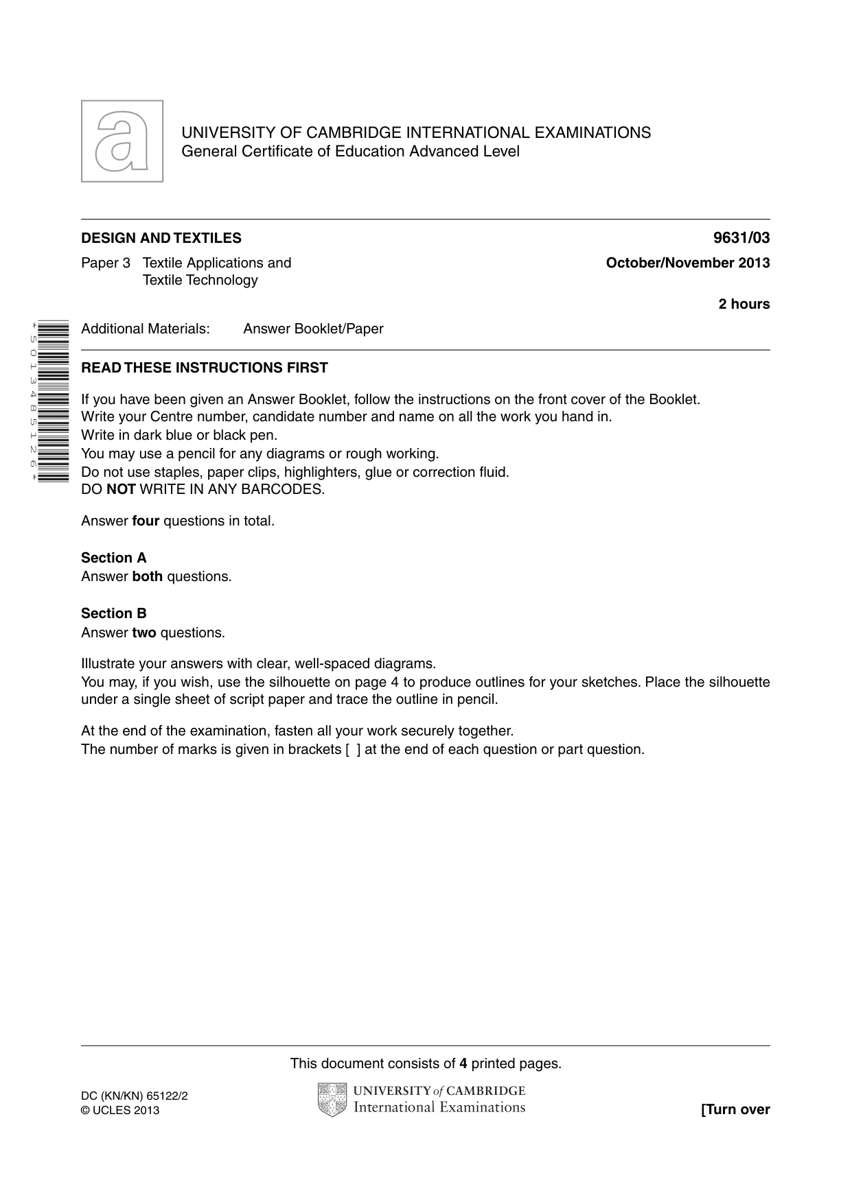 Cambridge A Level Design and Textiles 9631 2013 Oct/Nov Paper 3 · Variant 1 question paper, page 1 of 4