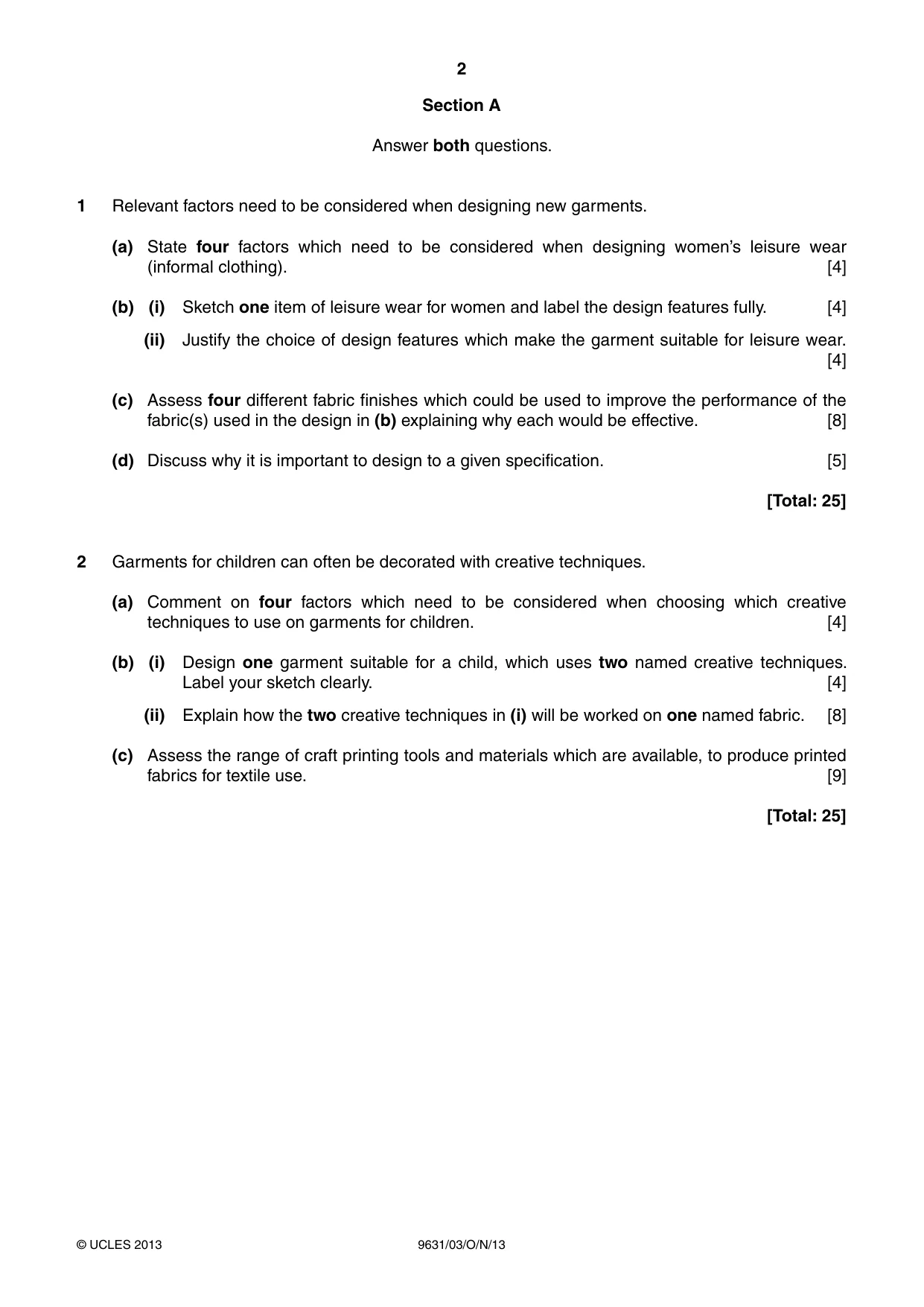 Cambridge A Level Design and Textiles 9631 2013 Oct/Nov Paper 3 · Variant 1 question paper, page 2 of 4