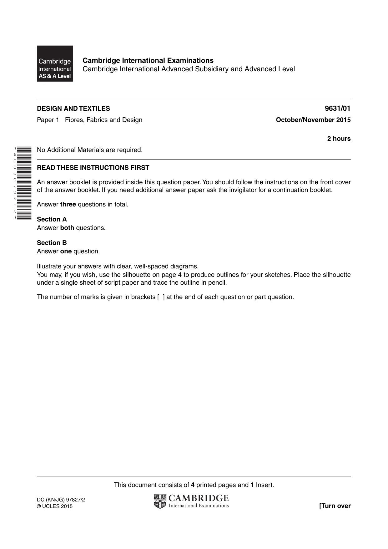 Cambridge A Level Design and Textiles 9631 2015 Oct/Nov Paper 1 · Variant 1 question paper, page 1 of 4