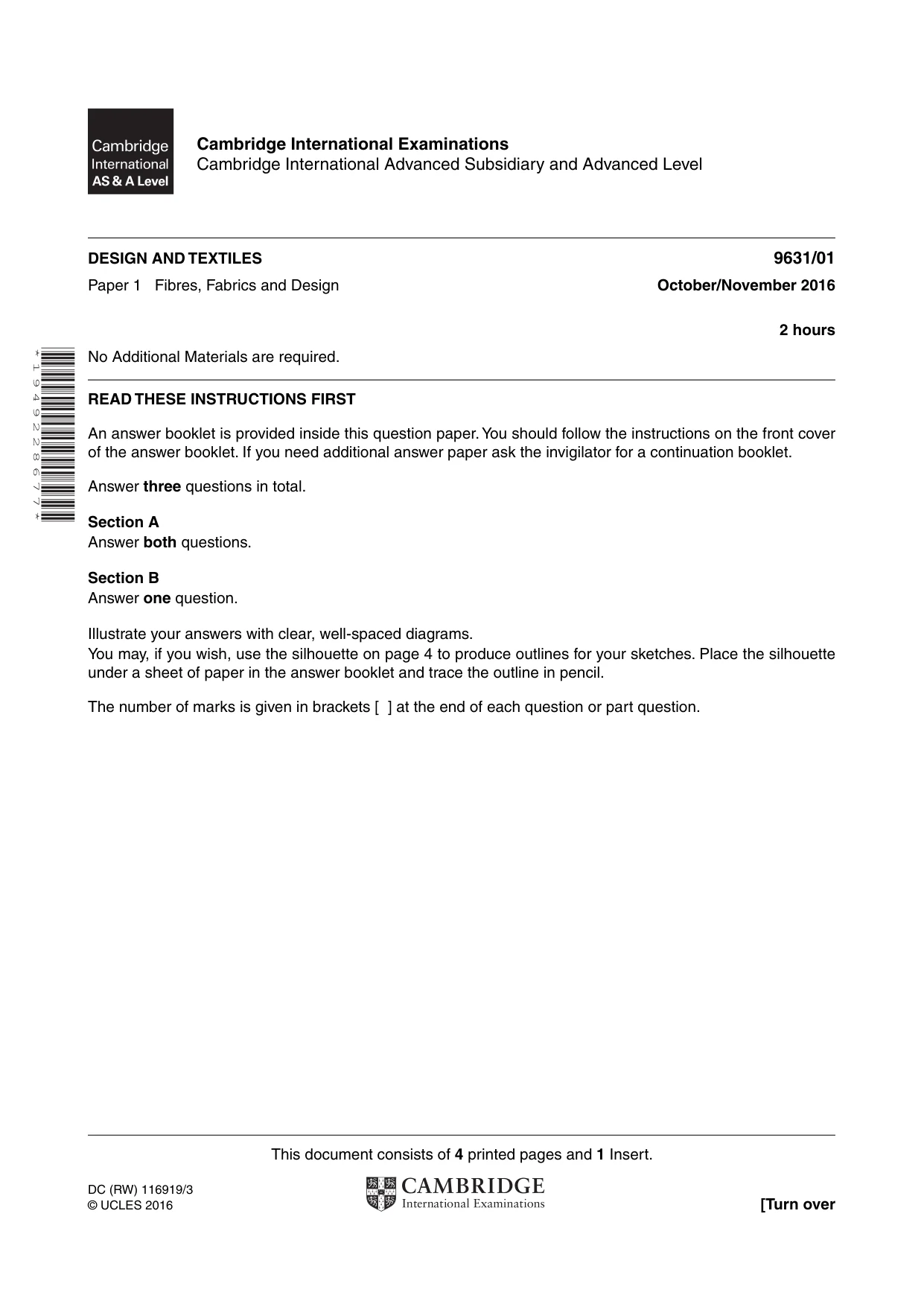 Cambridge A Level Design and Textiles 9631 2016 Oct/Nov Paper 1 · Variant 1 question paper, page 1 of 4