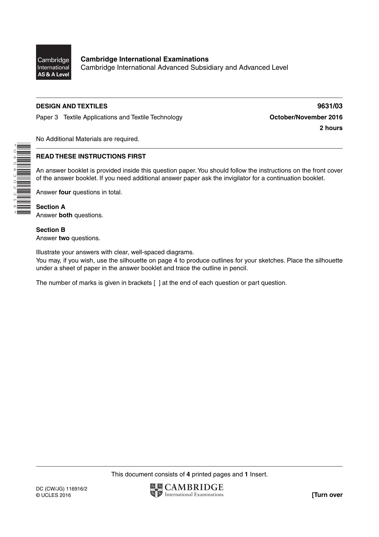 Cambridge A Level Design and Textiles 9631 2016 Oct/Nov Paper 3 · Variant 1 question paper, page 1 of 4