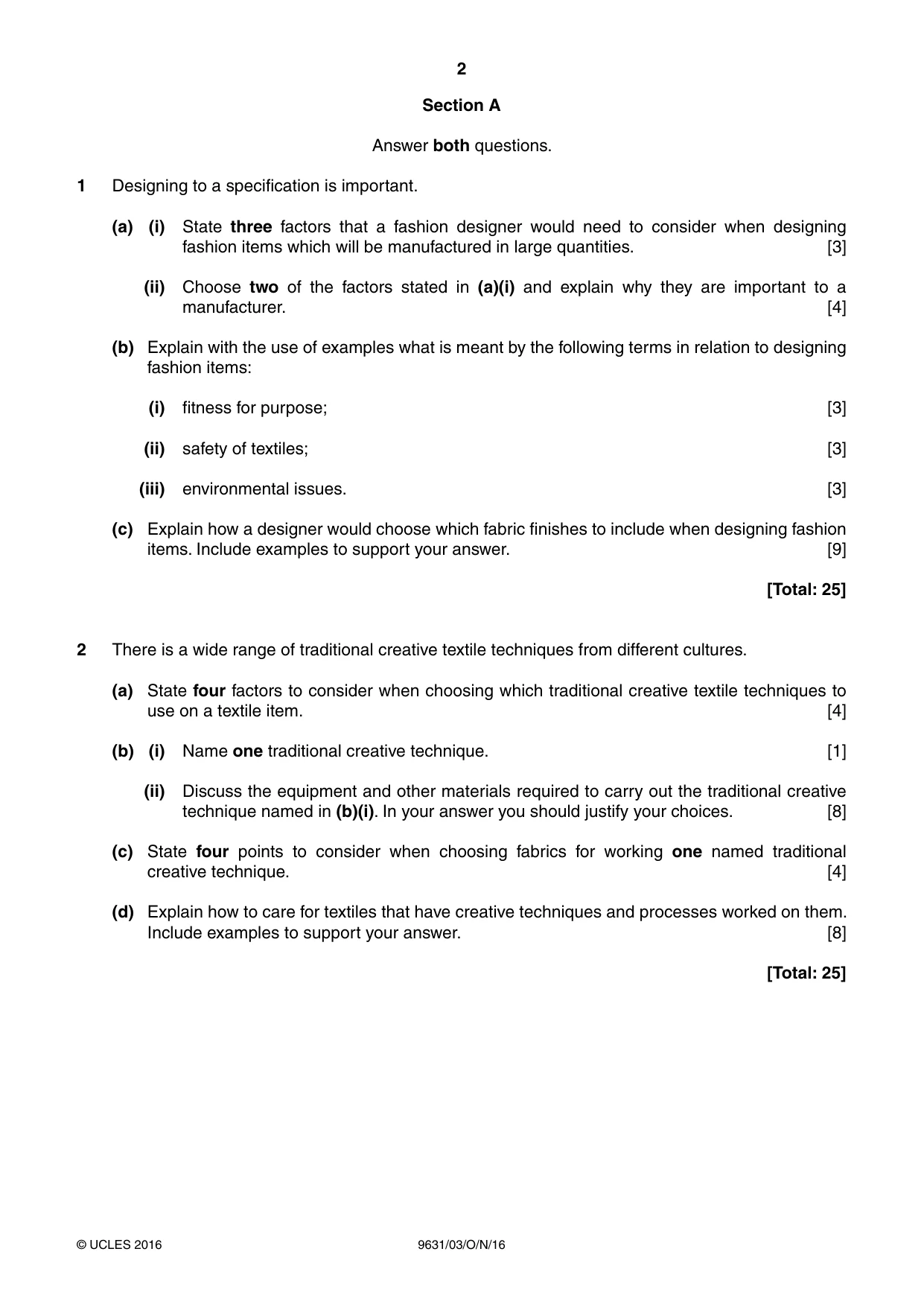 Cambridge A Level Design and Textiles 9631 2016 Oct/Nov Paper 3 · Variant 1 question paper, page 2 of 4