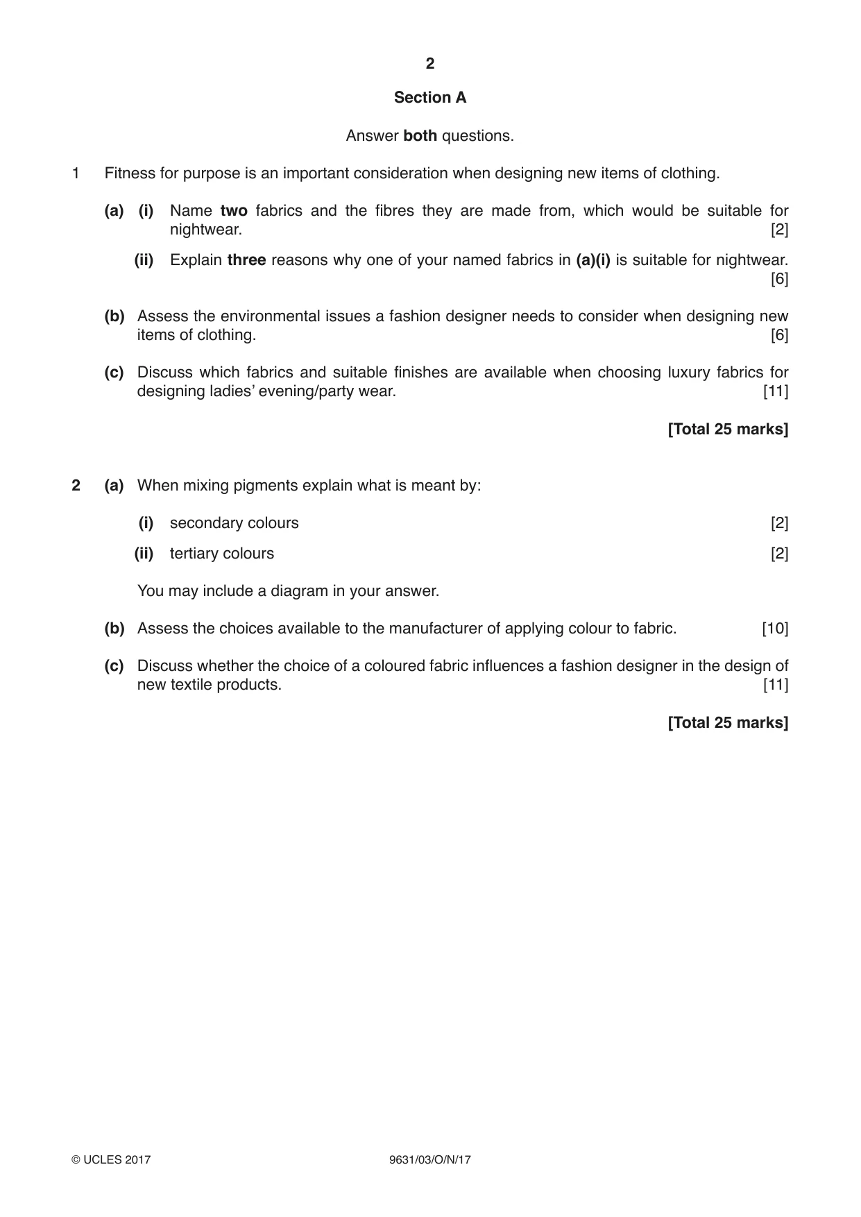 Cambridge A Level Design and Textiles 9631 2017 Oct/Nov Paper 3 · Variant 1 question paper, page 2 of 4