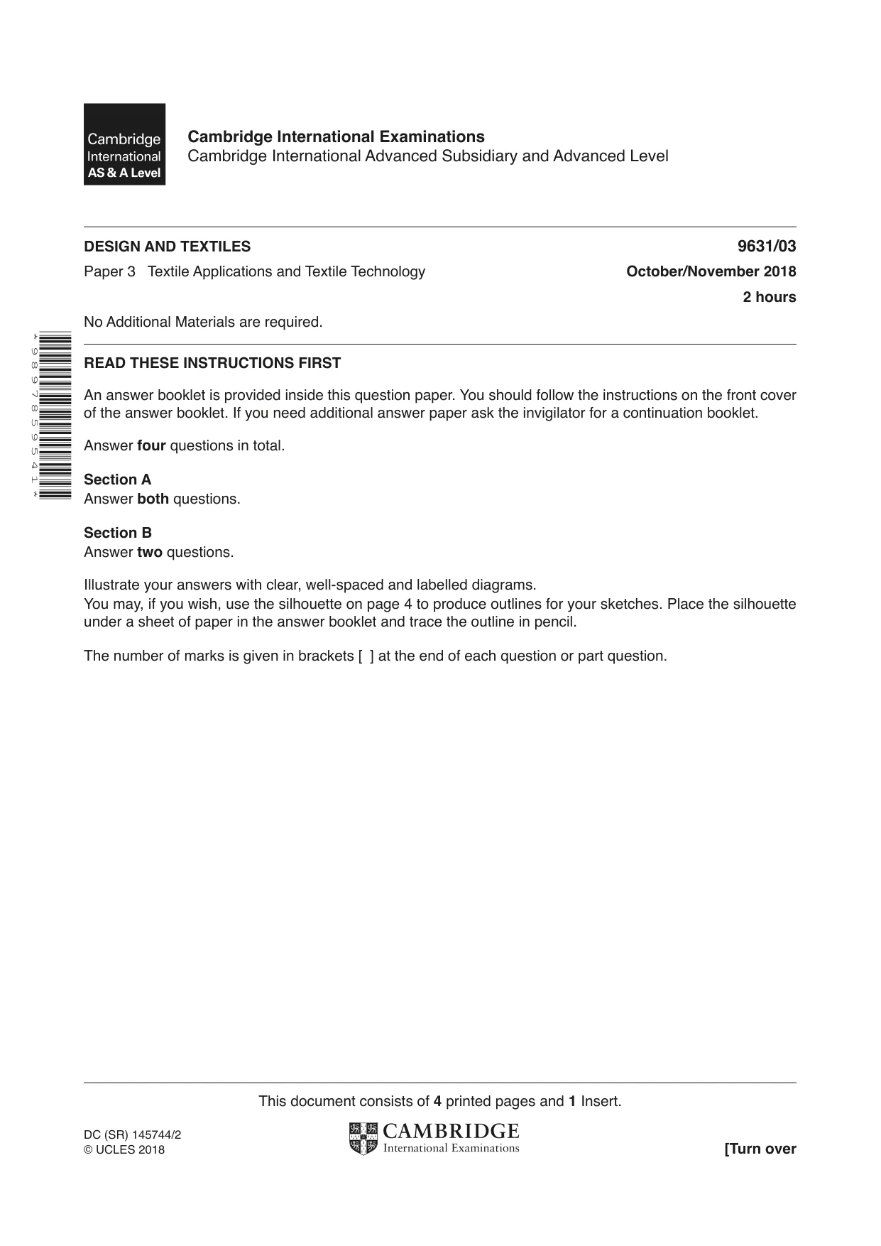 Cambridge A Level Design and Textiles 9631 2018 Oct/Nov Paper 3 · Variant 0 question paper, page 1 of 4