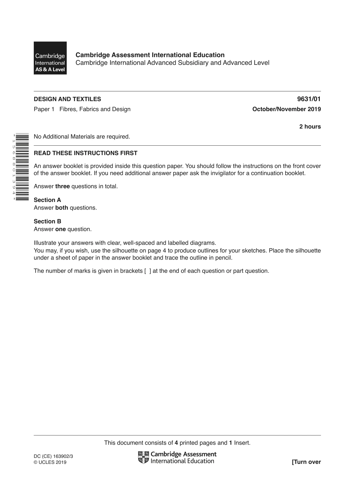 Cambridge A Level Design and Textiles 9631 2019 Oct/Nov Paper 1 · Variant 1 question paper, page 1 of 4