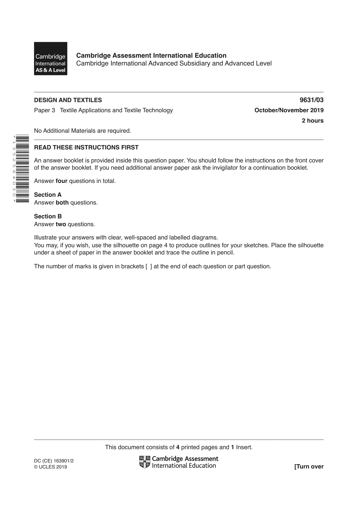 Cambridge A Level Design and Textiles 9631 2019 Oct/Nov Paper 3 · Variant 1 question paper, page 1 of 4