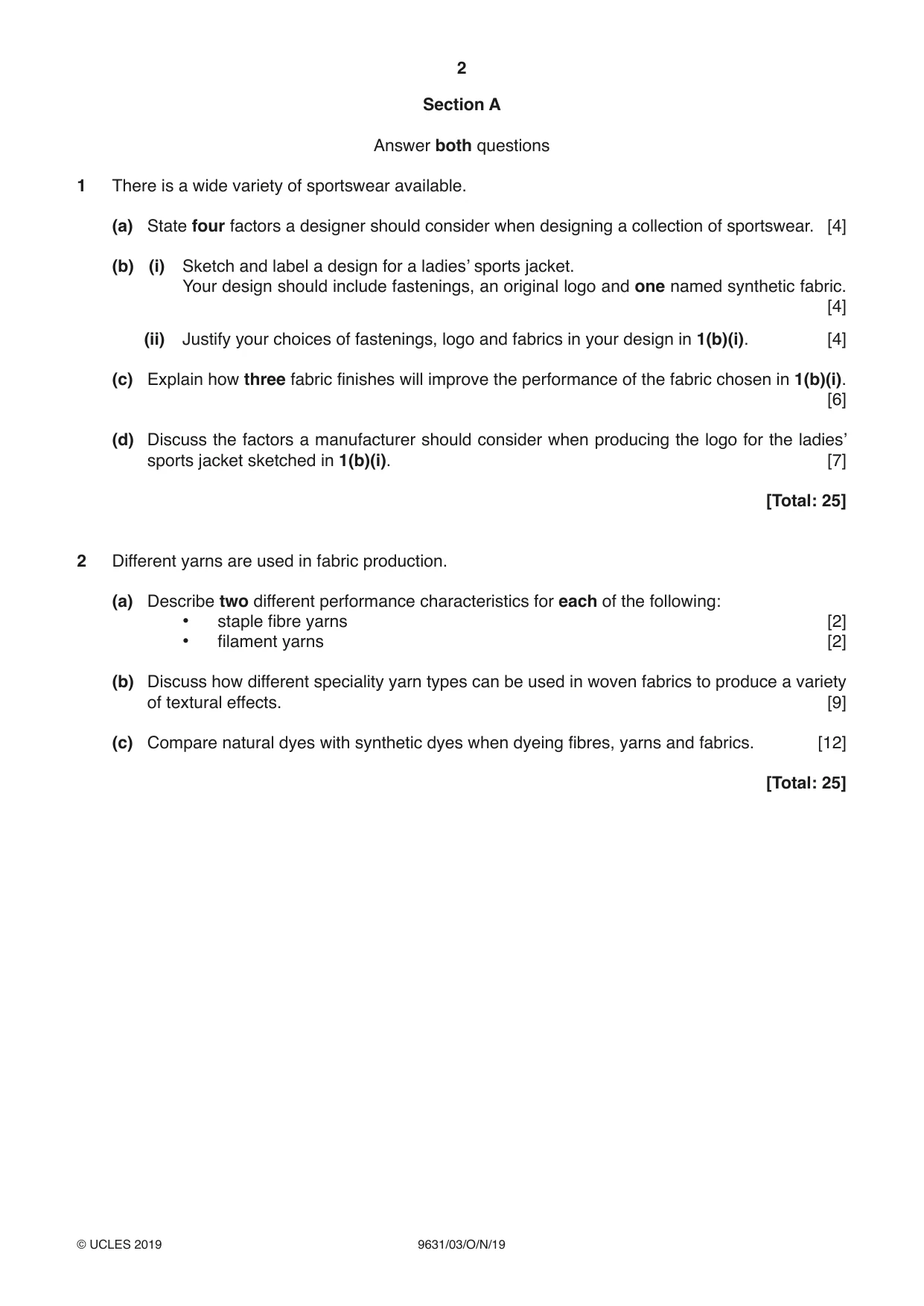 Cambridge A Level Design and Textiles 9631 2019 Oct/Nov Paper 3 · Variant 1 question paper, page 2 of 4