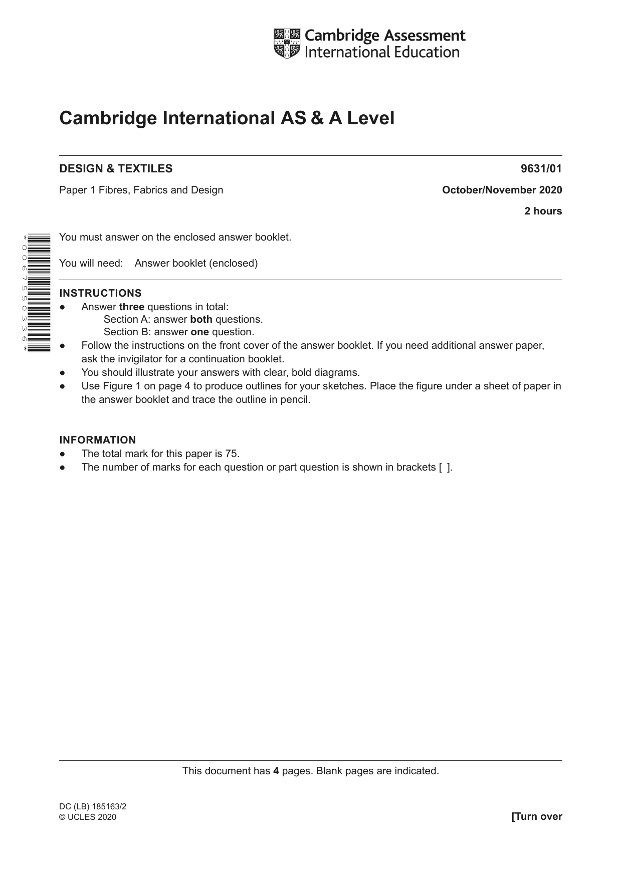 Cambridge A Level Design and Textiles 9631 2020 Oct/Nov Paper 1 · Variant 0 question paper, page 1 of 4