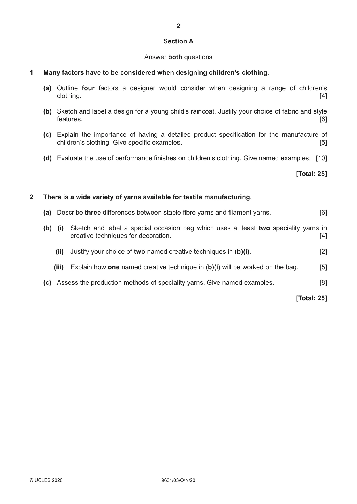 Cambridge A Level Design and Textiles 9631 2020 Oct/Nov Paper 3 · Variant 0 question paper, page 2 of 4