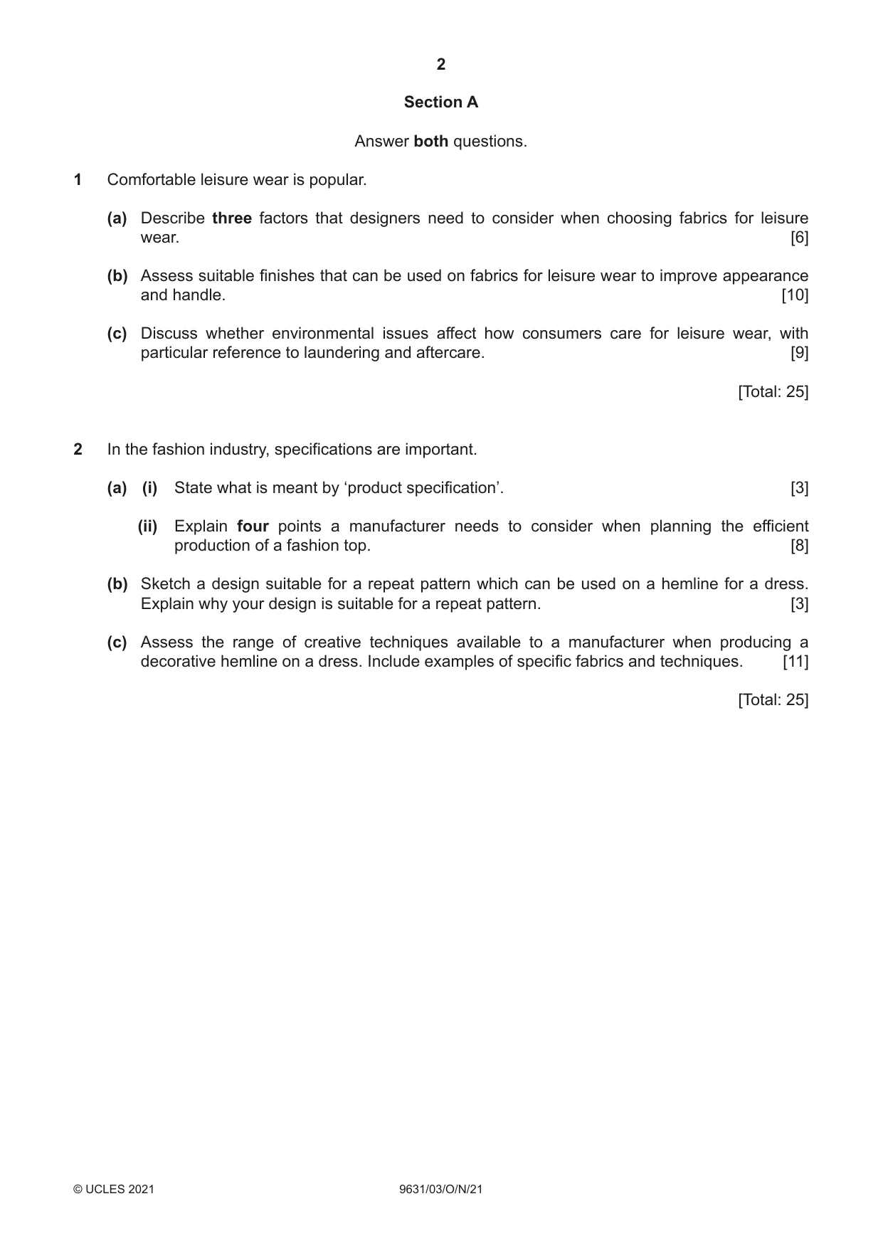 Cambridge A Level Design and Textiles 9631 2021 Oct/Nov Paper 3 · Variant 0 question paper, page 2 of 4