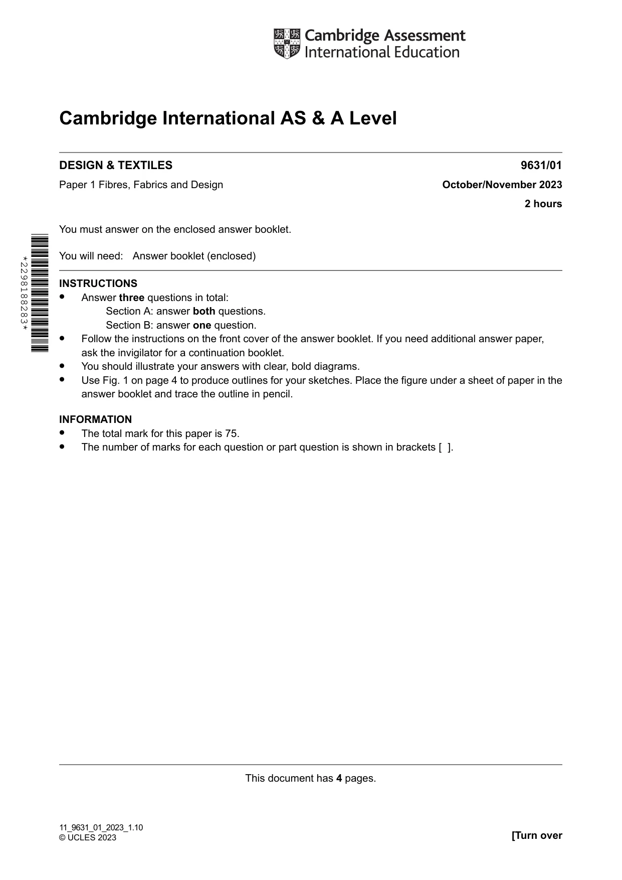 Cambridge A Level Design and Textiles 9631 2023 Oct/Nov Paper 1 · Variant 0 question paper, page 1 of 4