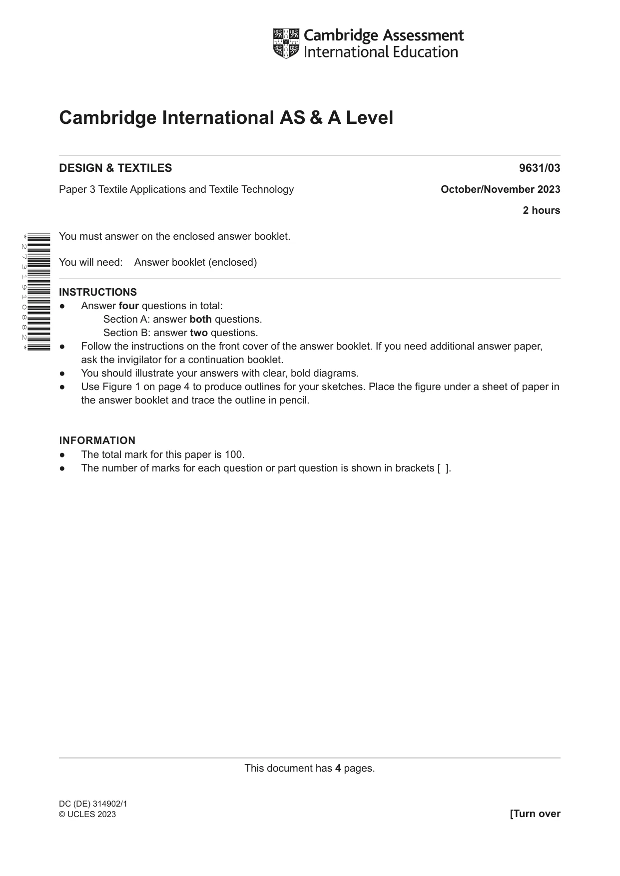 Cambridge A Level Design and Textiles 9631 2023 Oct/Nov Paper 3 · Variant 0 question paper, page 1 of 4