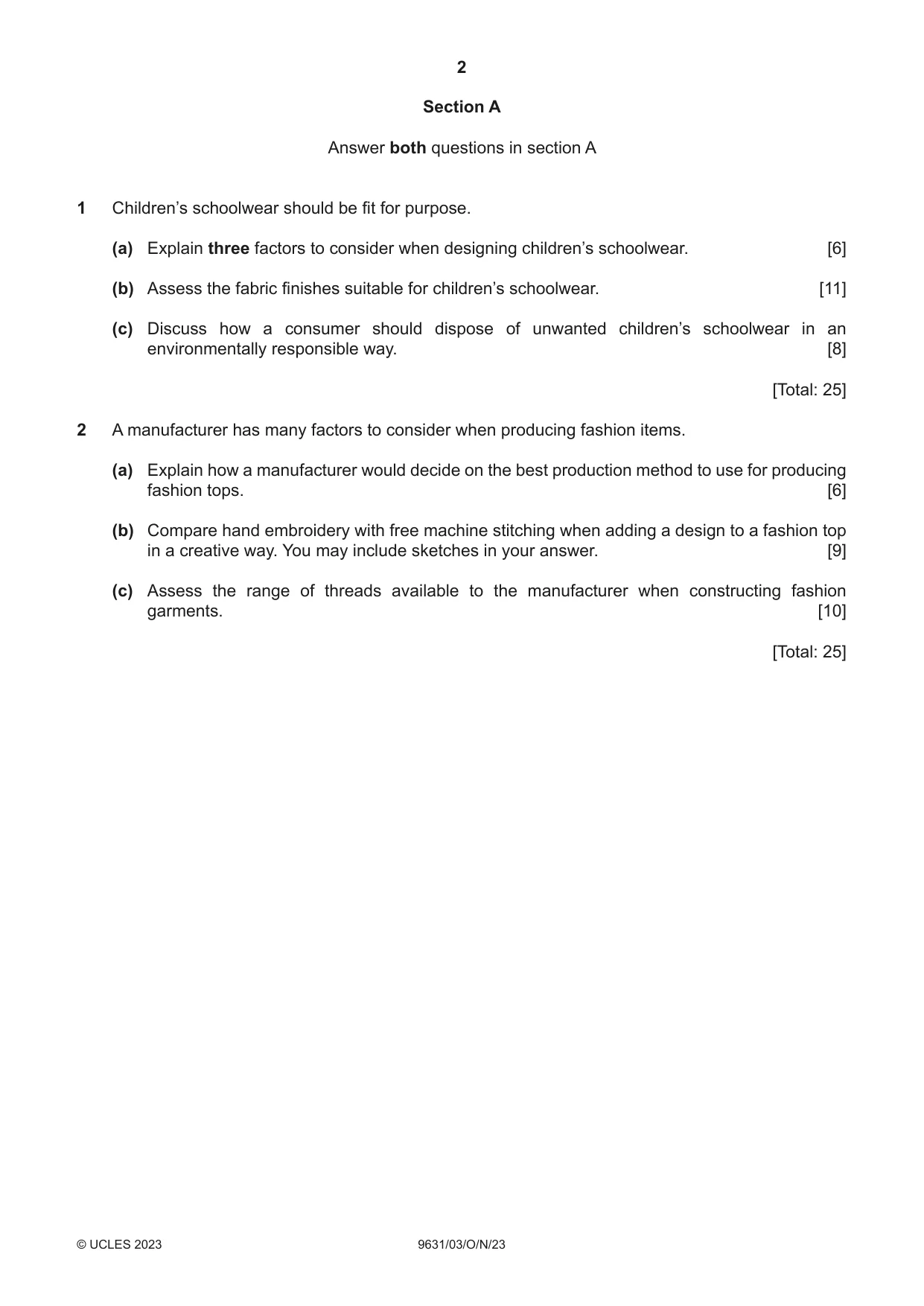 Cambridge A Level Design and Textiles 9631 2023 Oct/Nov Paper 3 · Variant 0 question paper, page 2 of 4