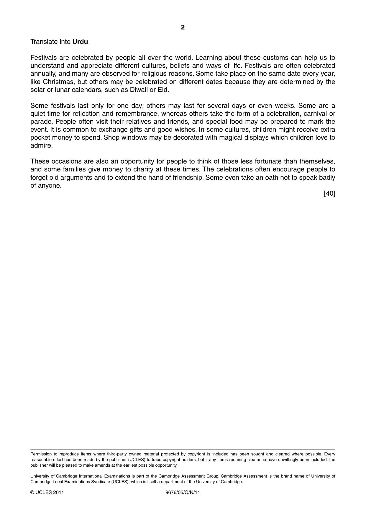 Cambridge A Level Urdu (A Level only) 9676 2011 Oct/Nov Paper 5 · Variant 1 question paper, page 2 of 2
