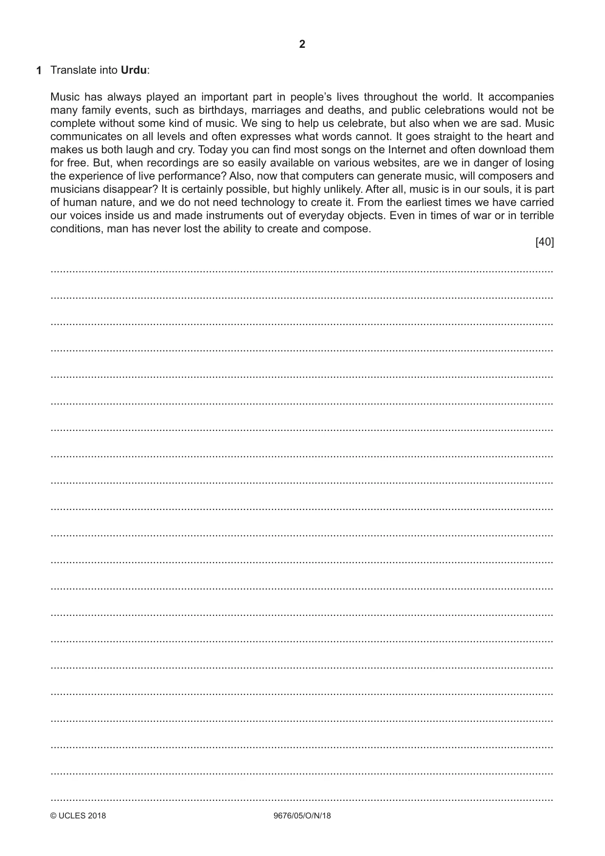 Cambridge A Level Urdu (A Level only) 9676 2018 Oct/Nov Paper 5 · Variant 0 question paper, page 2 of 4