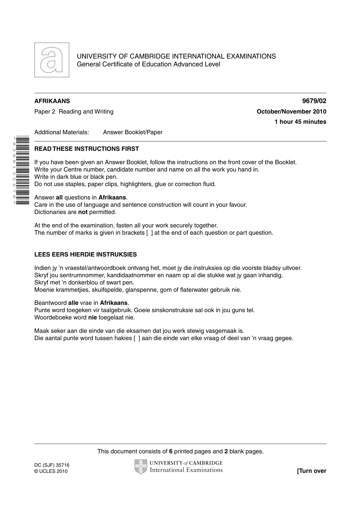 Cambridge A Level Afrikaans 9679 2010 Oct/Nov Paper 2 · Variant 1 question paper, page 1 of 8