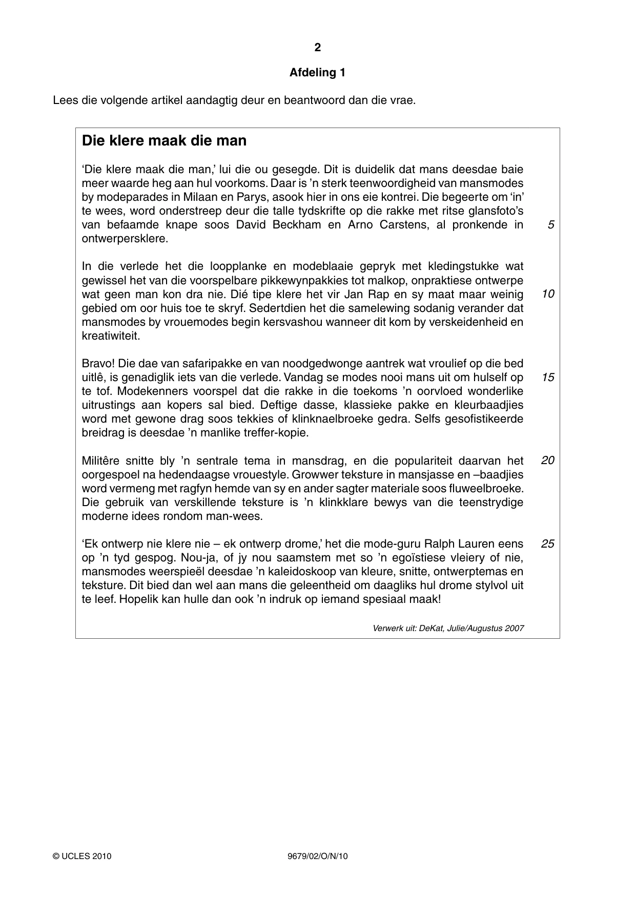 Cambridge A Level Afrikaans 9679 2010 Oct/Nov Paper 2 · Variant 1 question paper, page 2 of 8