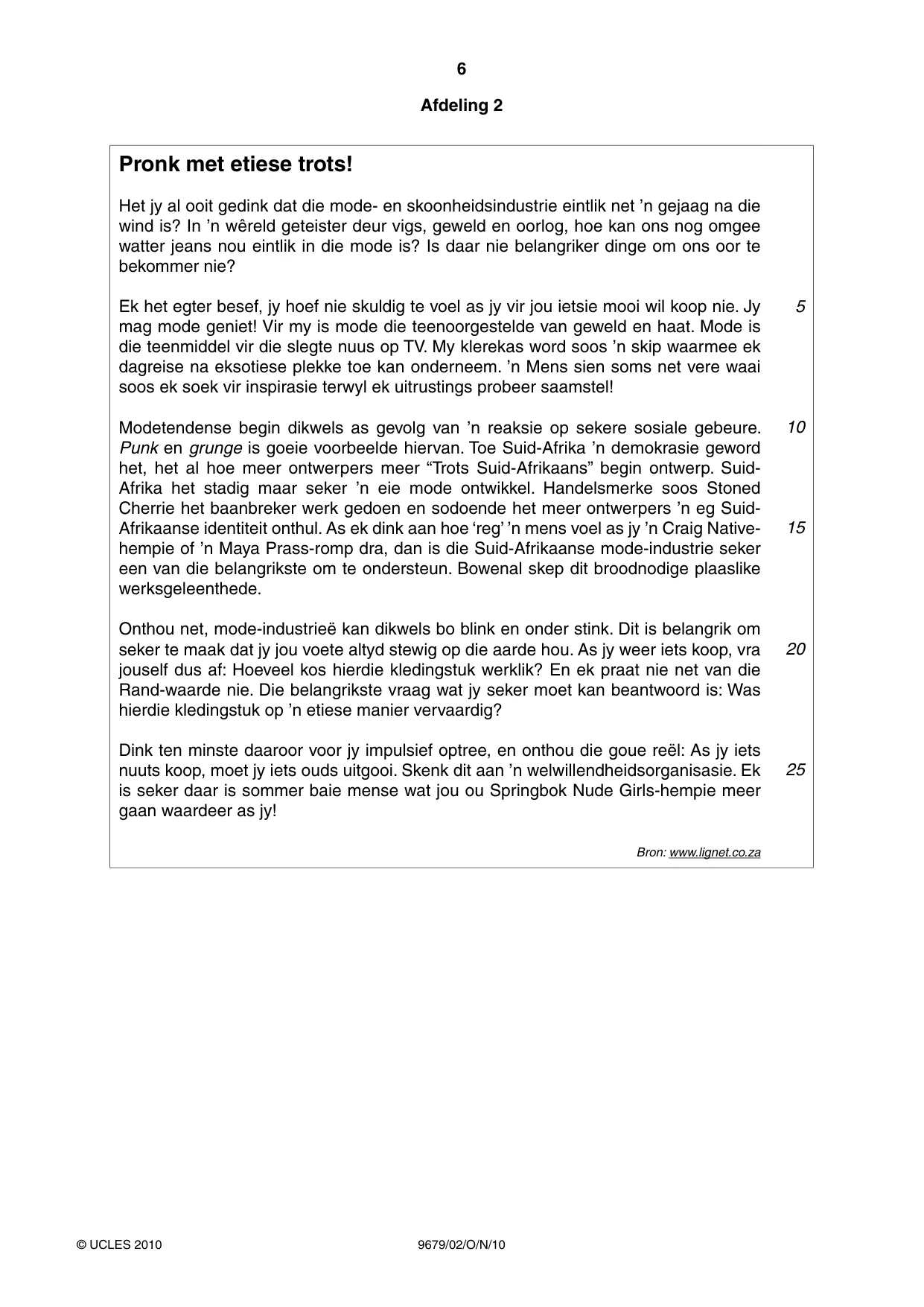 Cambridge A Level Afrikaans 9679 2010 Oct/Nov Paper 2 · Variant 1 question paper, page 6 of 8