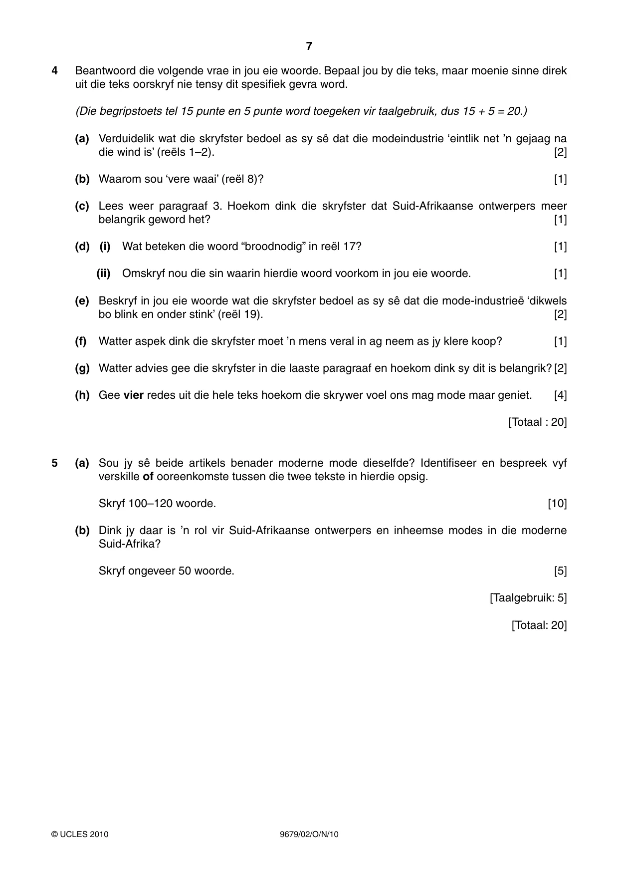 Cambridge A Level Afrikaans 9679 2010 Oct/Nov Paper 2 · Variant 1 question paper, page 7 of 8