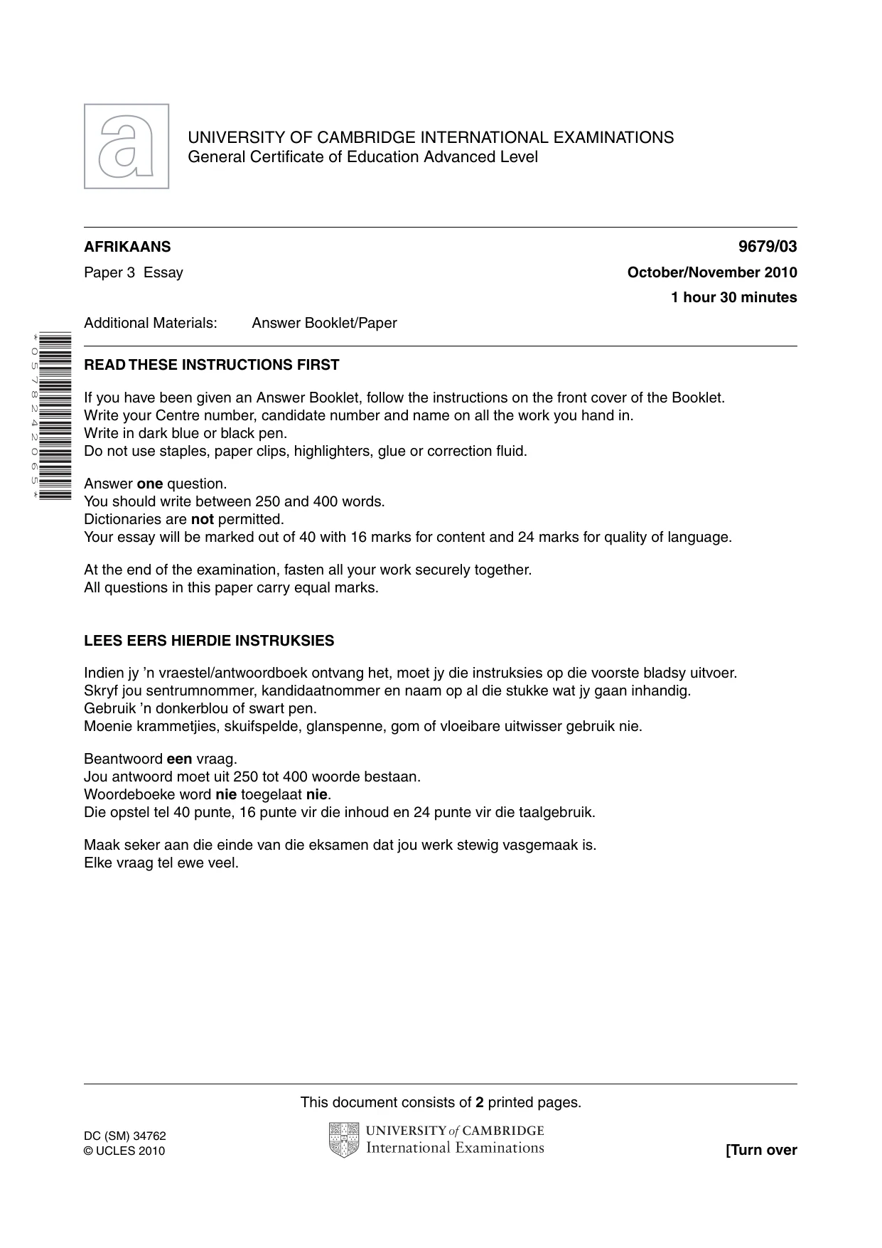 Cambridge A Level Afrikaans 9679 2010 Oct/Nov Paper 3 · Variant 1 question paper, page 1 of 2