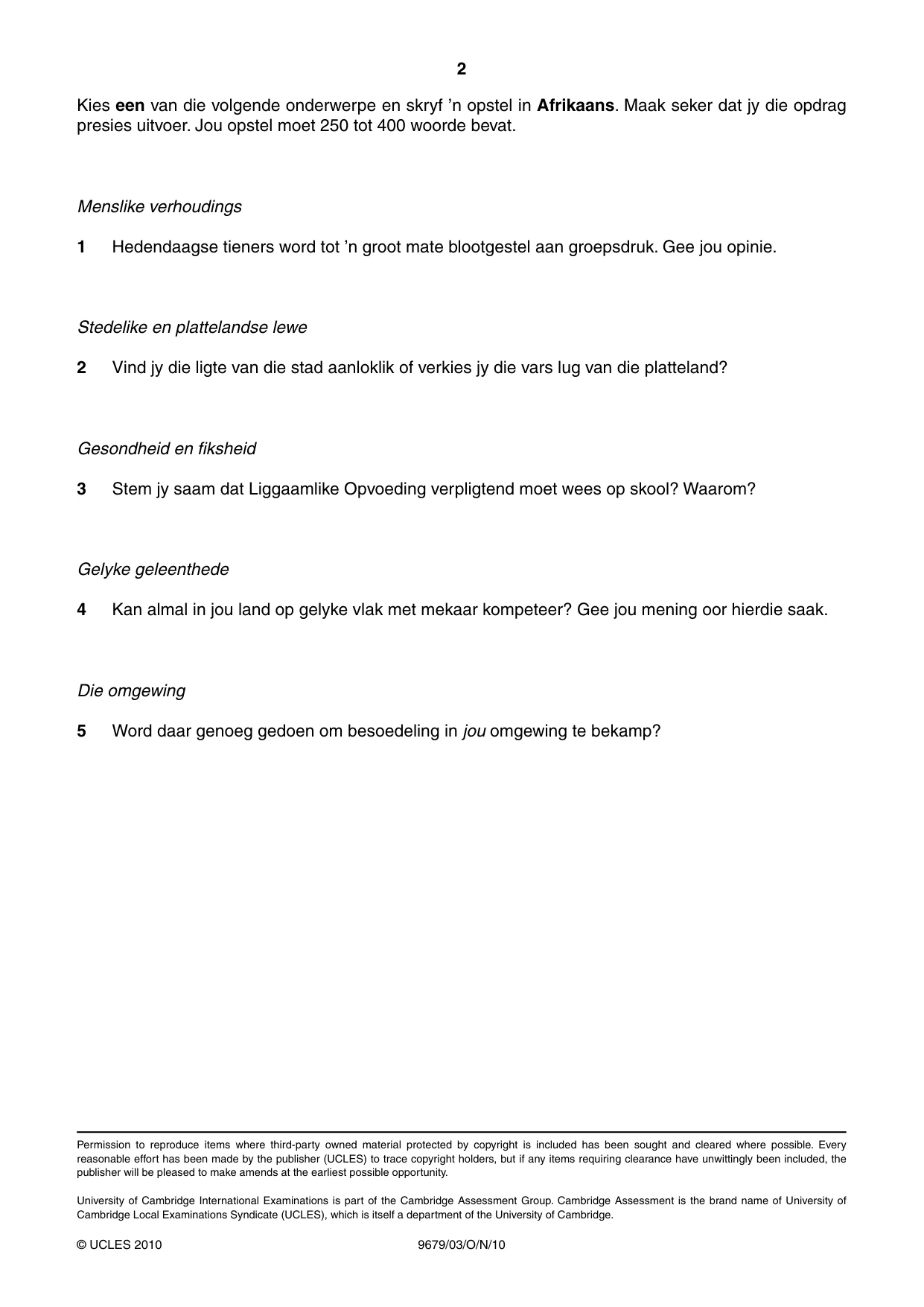 Cambridge A Level Afrikaans 9679 2010 Oct/Nov Paper 3 · Variant 1 question paper, page 2 of 2