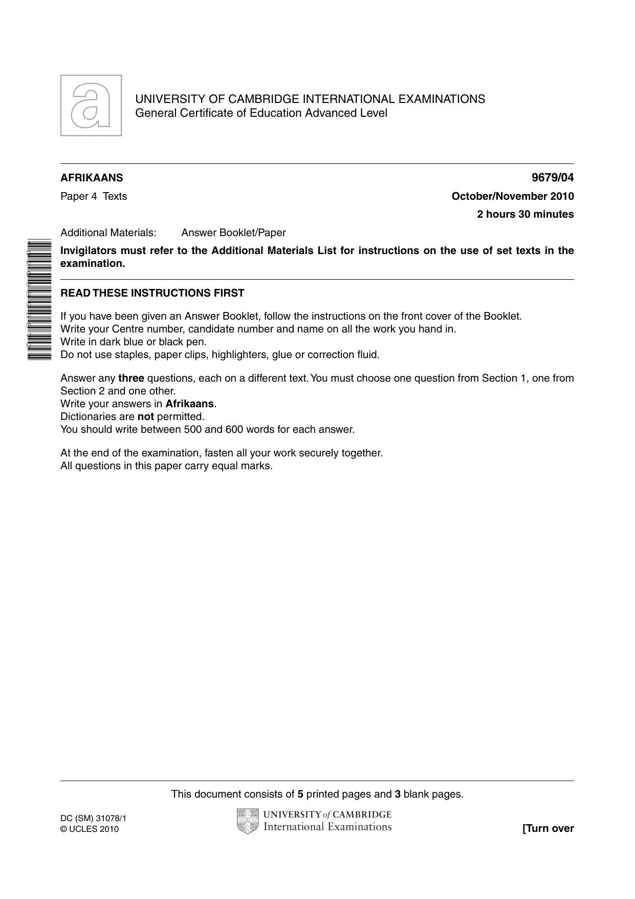 Cambridge A Level Afrikaans 9679 2010 Oct/Nov Paper 4 · Variant 1 question paper, page 1 of 8