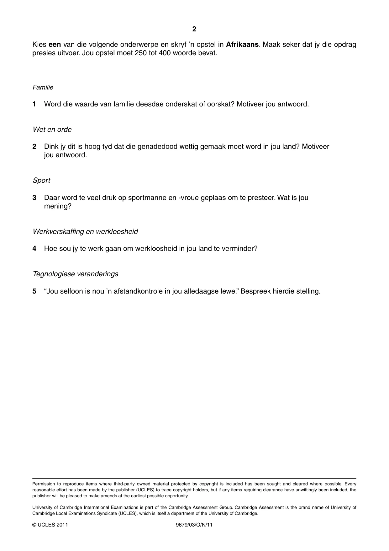 Cambridge A Level Afrikaans 9679 2011 Oct/Nov Paper 3 · Variant 1 question paper, page 2 of 2