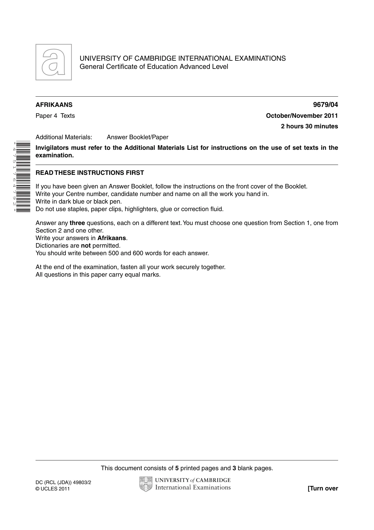 Cambridge A Level Afrikaans 9679 2011 Oct/Nov Paper 4 · Variant 1 question paper, page 1 of 8