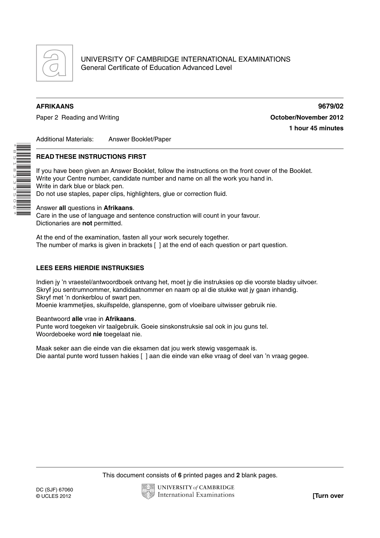 Cambridge A Level Afrikaans 9679 2012 Oct/Nov Paper 2 · Variant 1 question paper, page 1 of 8