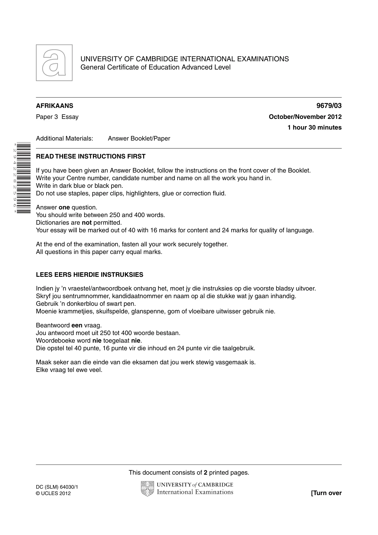 Cambridge A Level Afrikaans 9679 2012 Oct/Nov Paper 3 · Variant 1 question paper, page 1 of 2