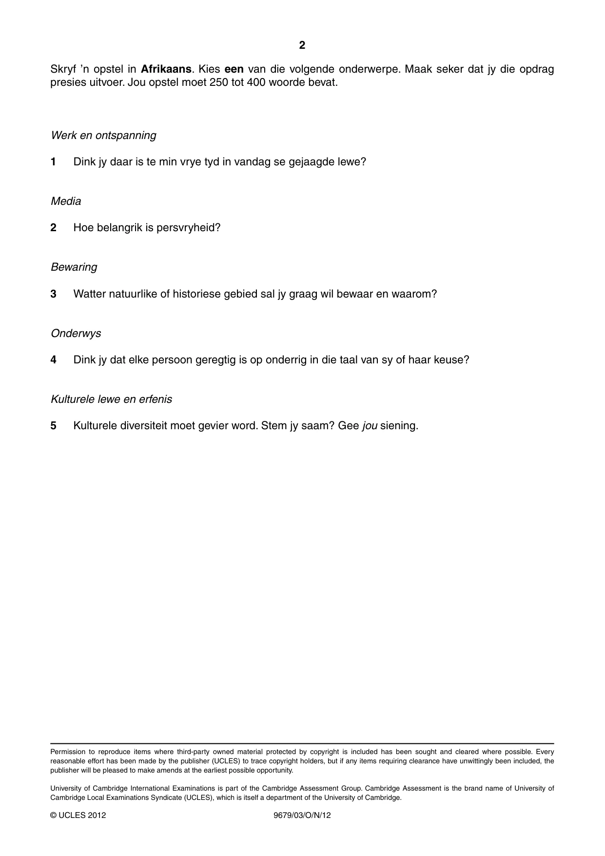 Cambridge A Level Afrikaans 9679 2012 Oct/Nov Paper 3 · Variant 1 question paper, page 2 of 2