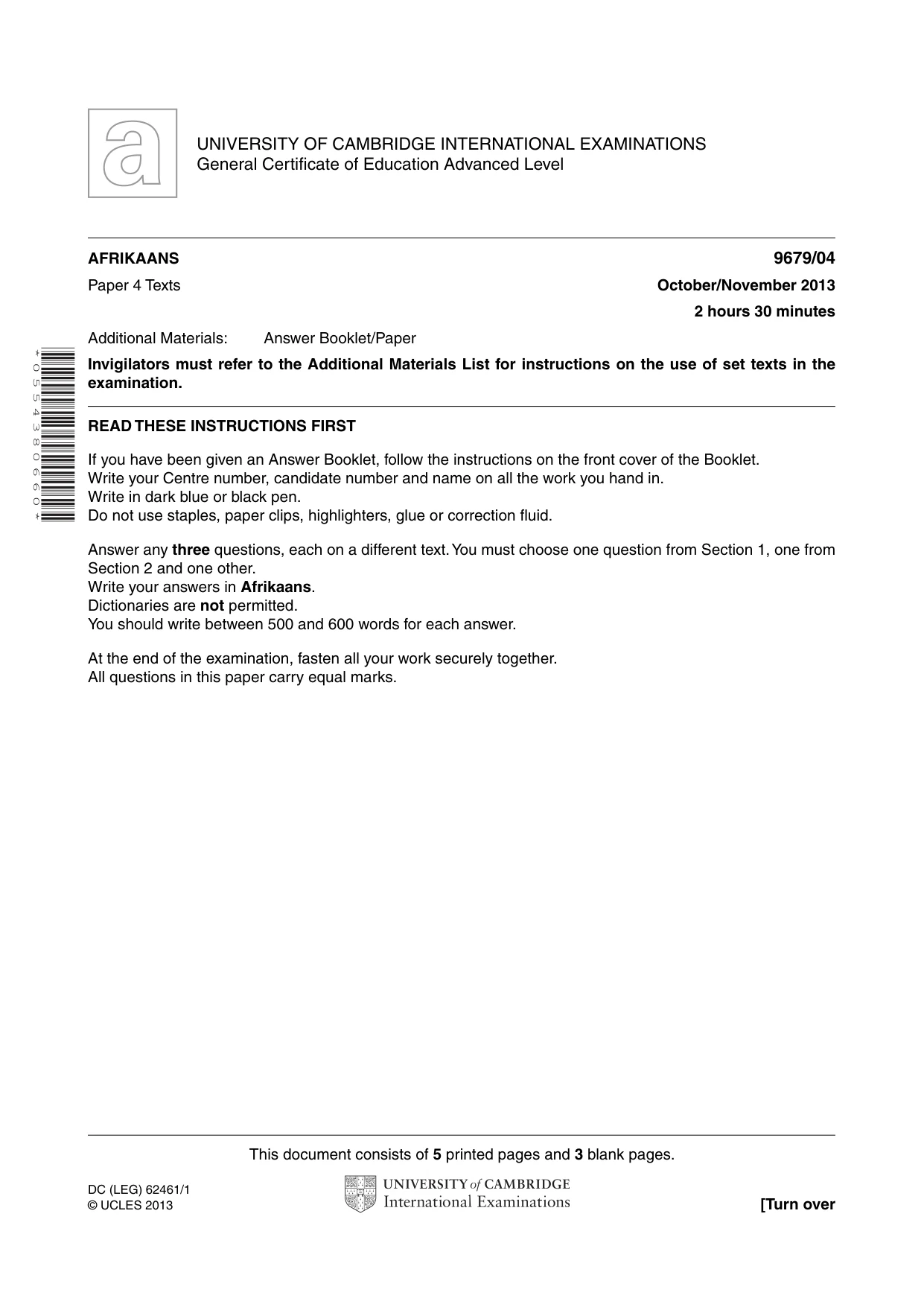 Cambridge A Level Afrikaans 9679 2013 Oct/Nov Paper 4 · Variant 1 question paper, page 1 of 8