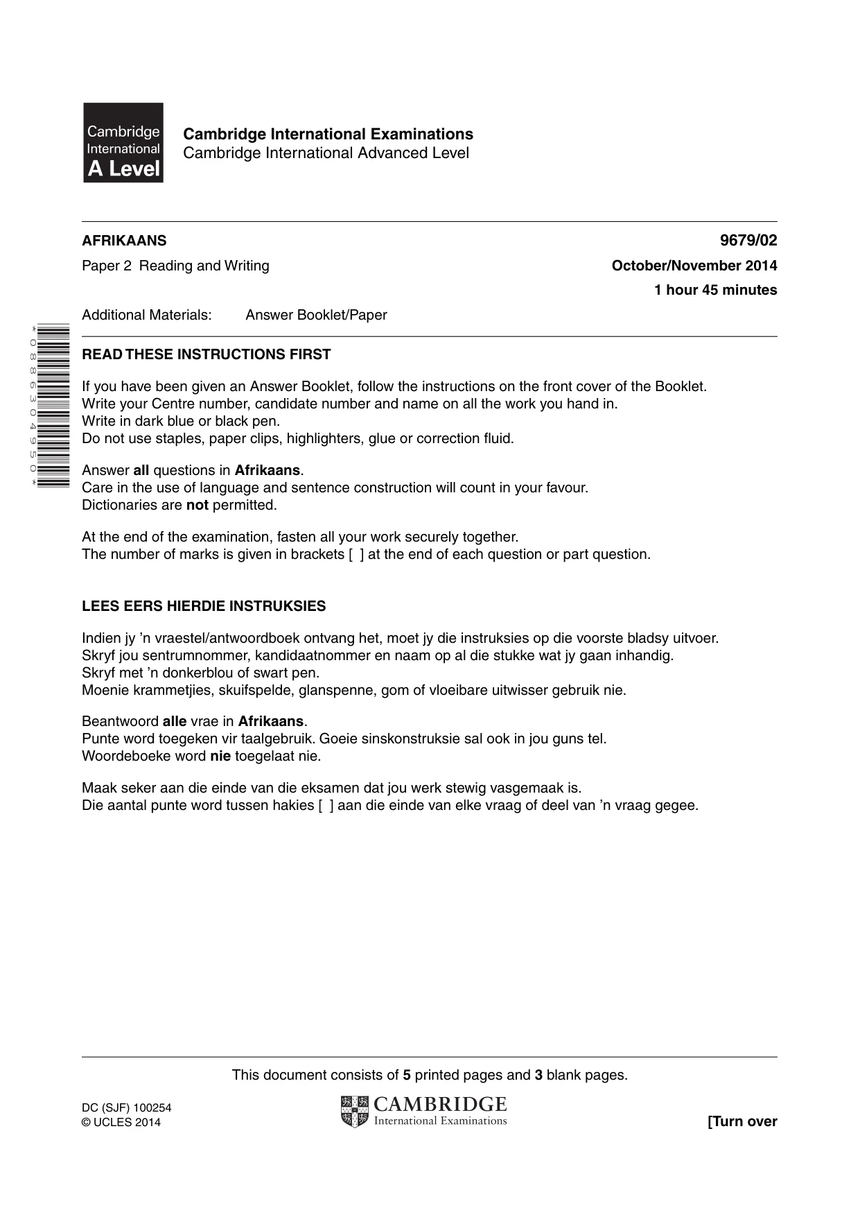 Cambridge A Level Afrikaans 9679 2014 Oct/Nov Paper 2 · Variant 1 question paper, page 1 of 8