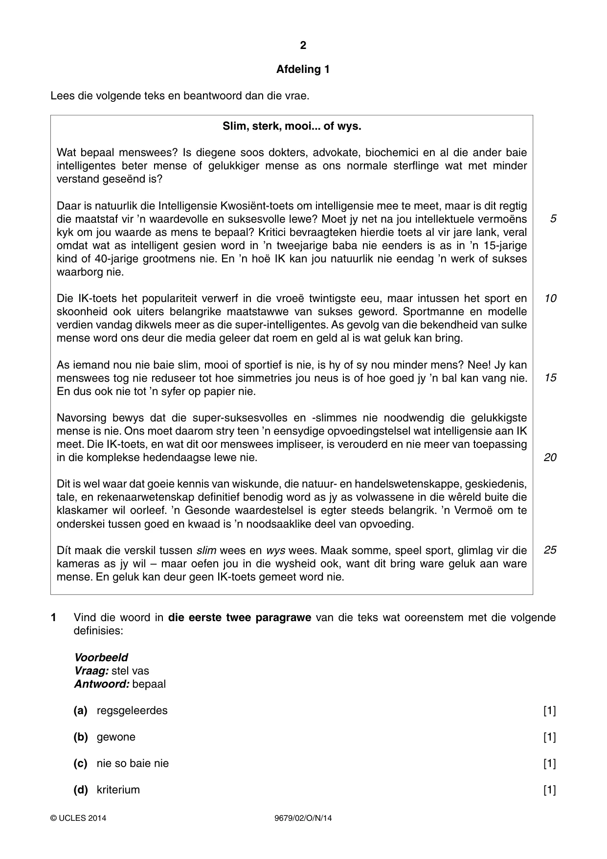 Cambridge A Level Afrikaans 9679 2014 Oct/Nov Paper 2 · Variant 1 question paper, page 2 of 8
