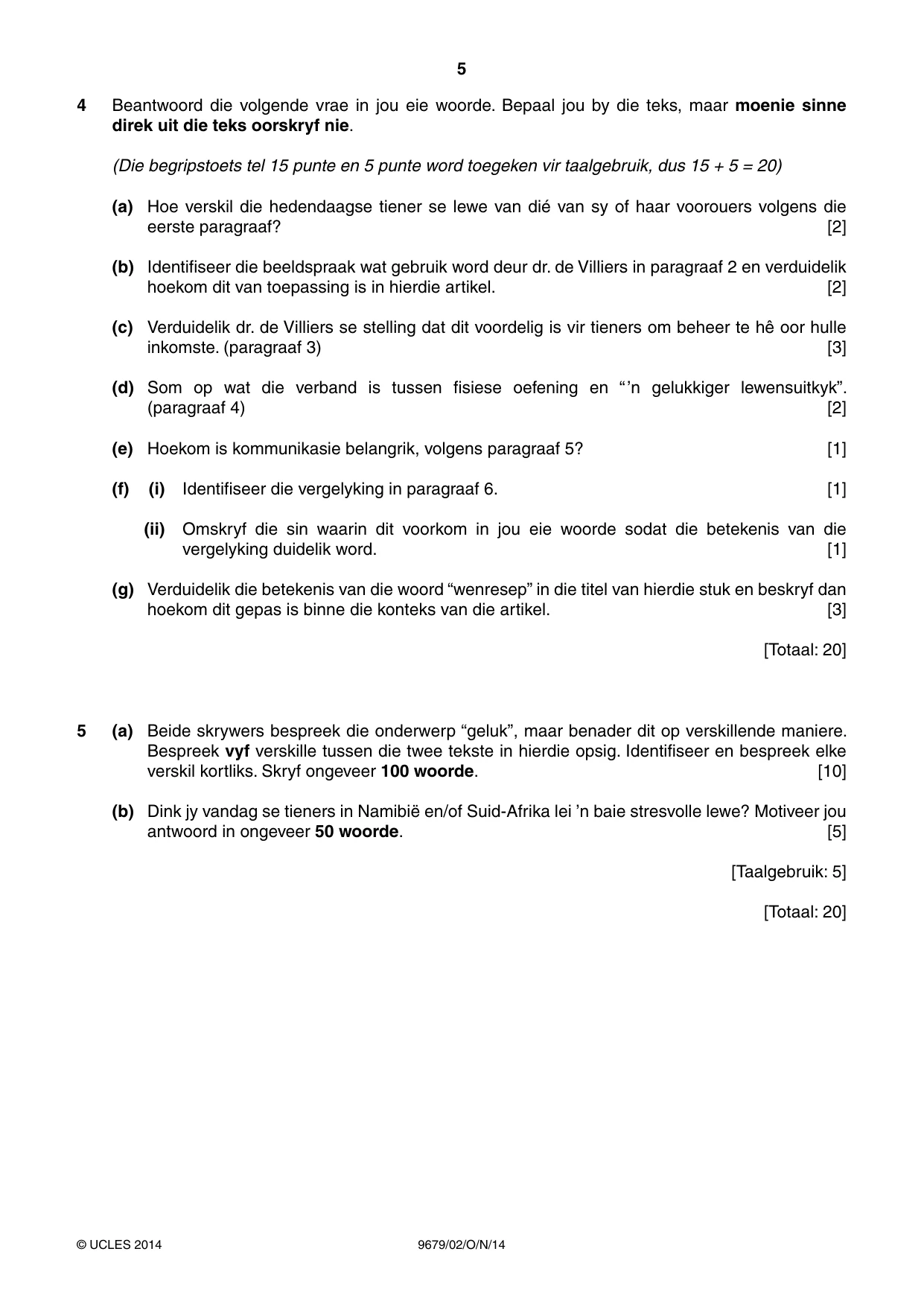Cambridge A Level Afrikaans 9679 2014 Oct/Nov Paper 2 · Variant 1 question paper, page 5 of 8
