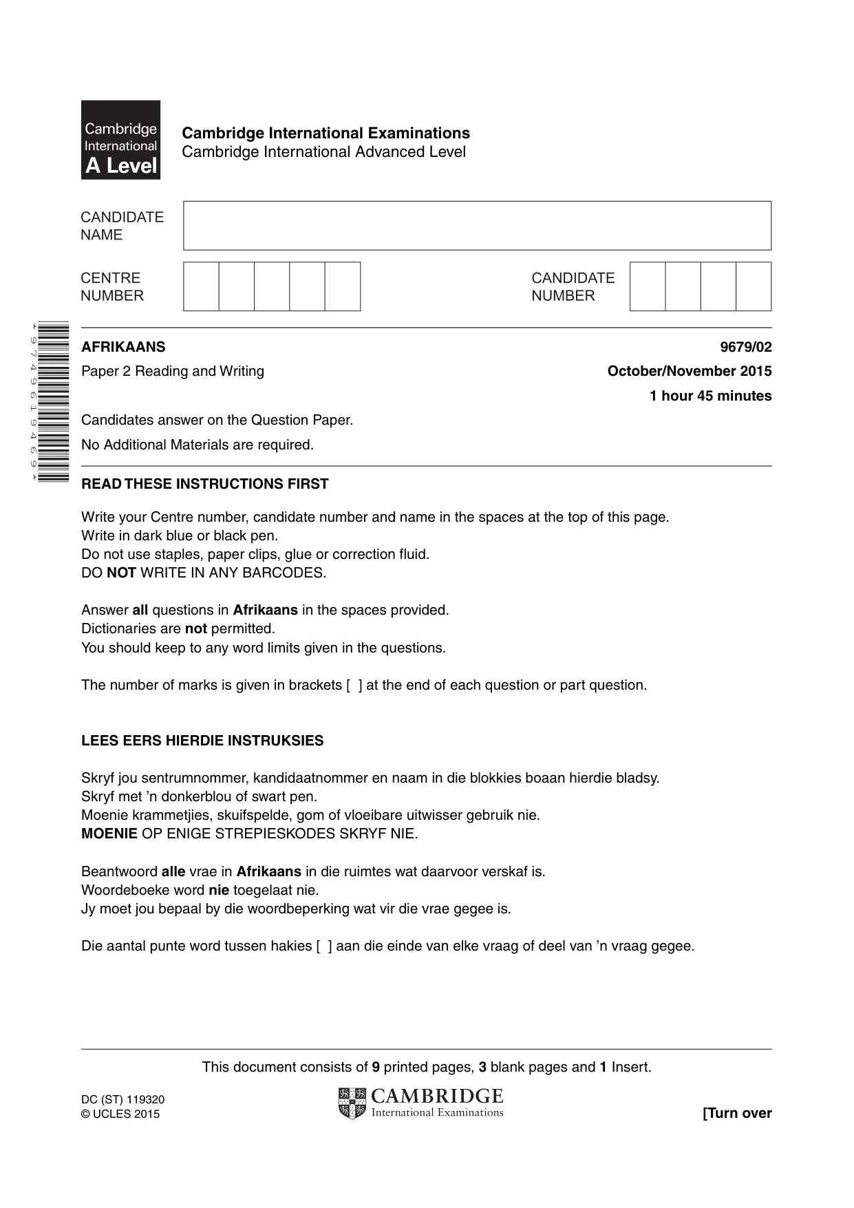 Cambridge A Level Afrikaans 9679 2015 Oct/Nov Paper 2 · Variant 1 question paper, page 1 of 12