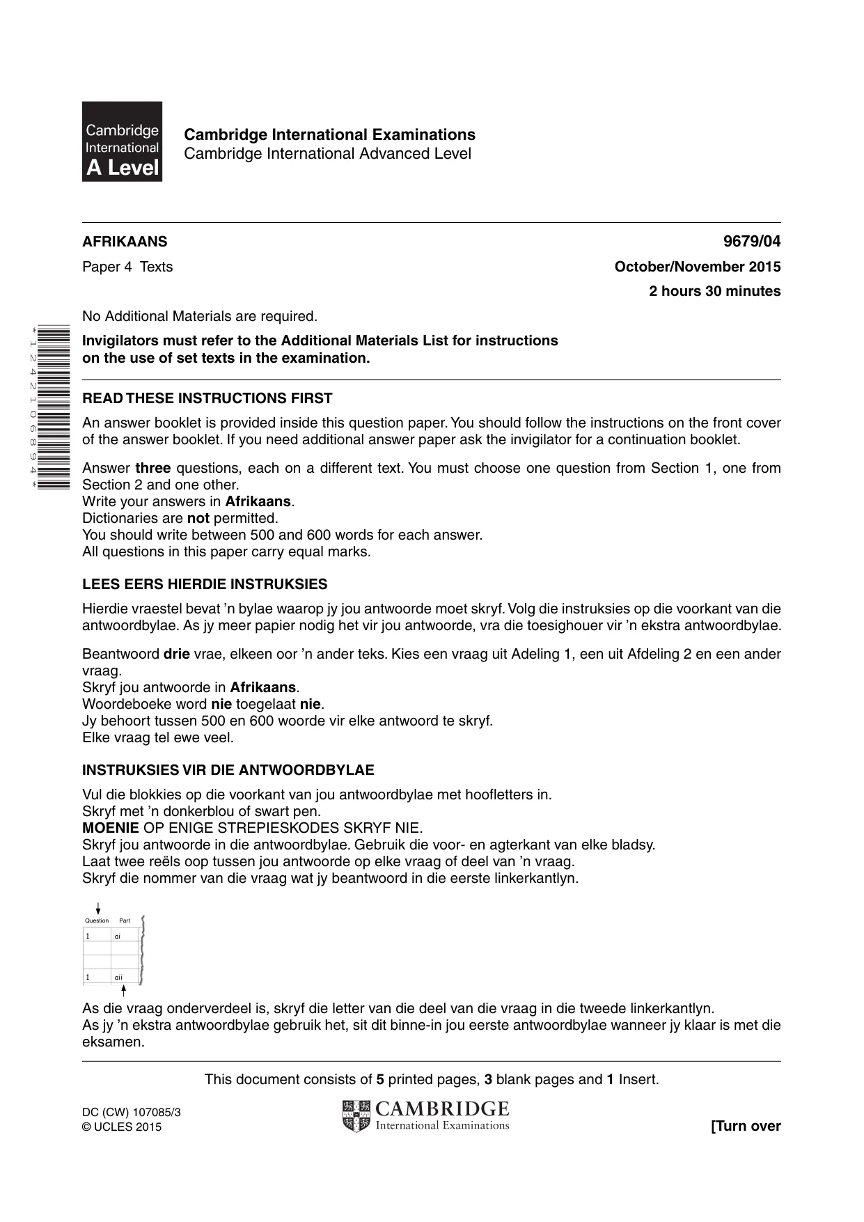 Cambridge A Level Afrikaans 9679 2015 Oct/Nov Paper 4 · Variant 1 question paper, page 1 of 8