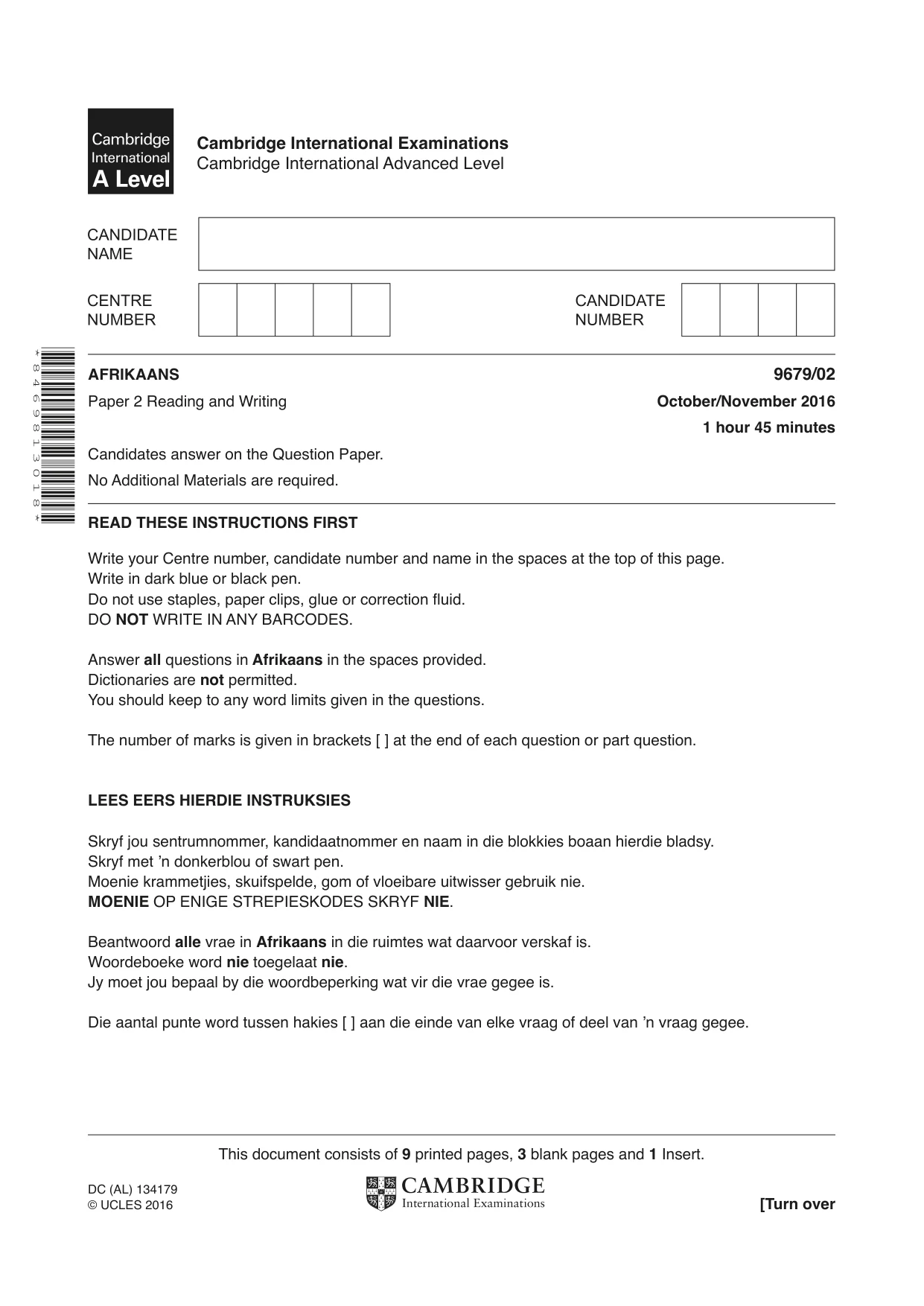 Cambridge A Level Afrikaans 9679 2016 Oct/Nov Paper 2 · Variant 1 question paper, page 1 of 12