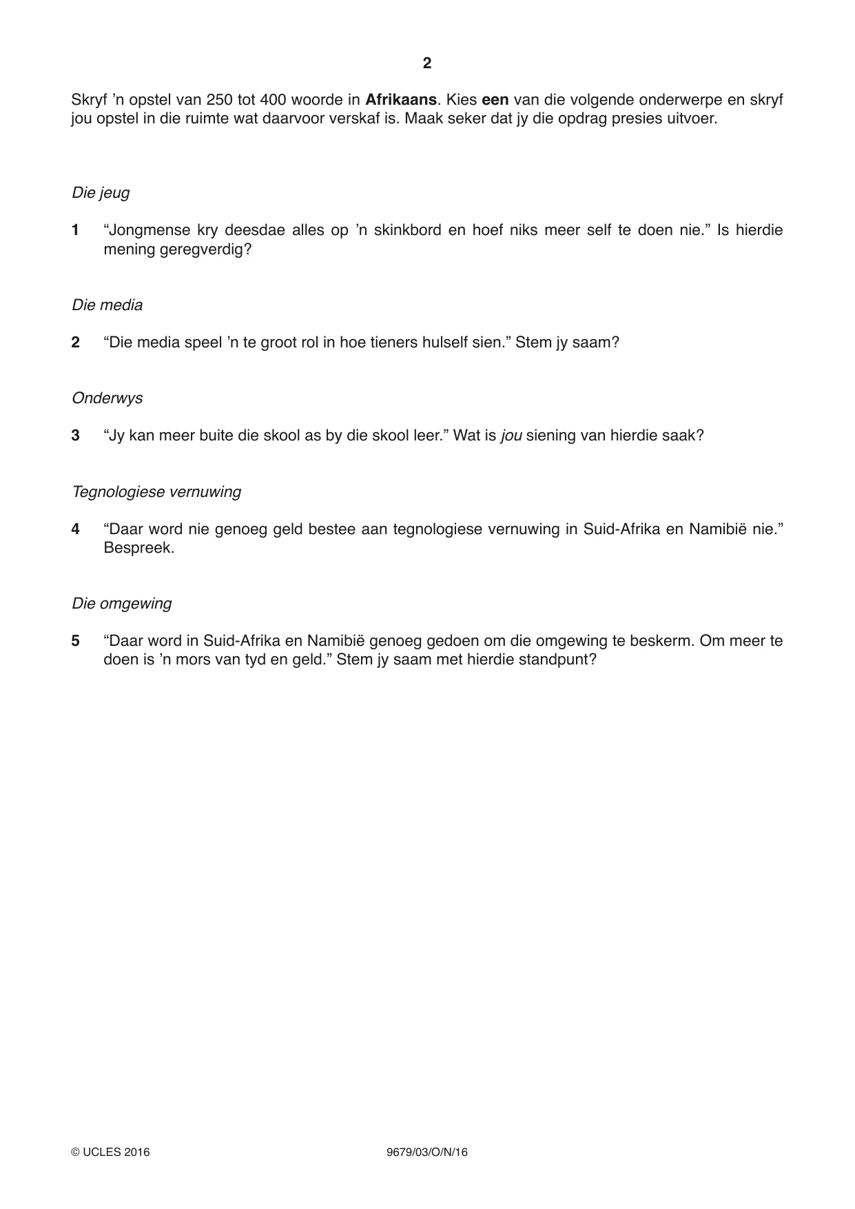 Cambridge A Level Afrikaans 9679 2016 Oct/Nov Paper 3 · Variant 1 question paper, page 2 of 8