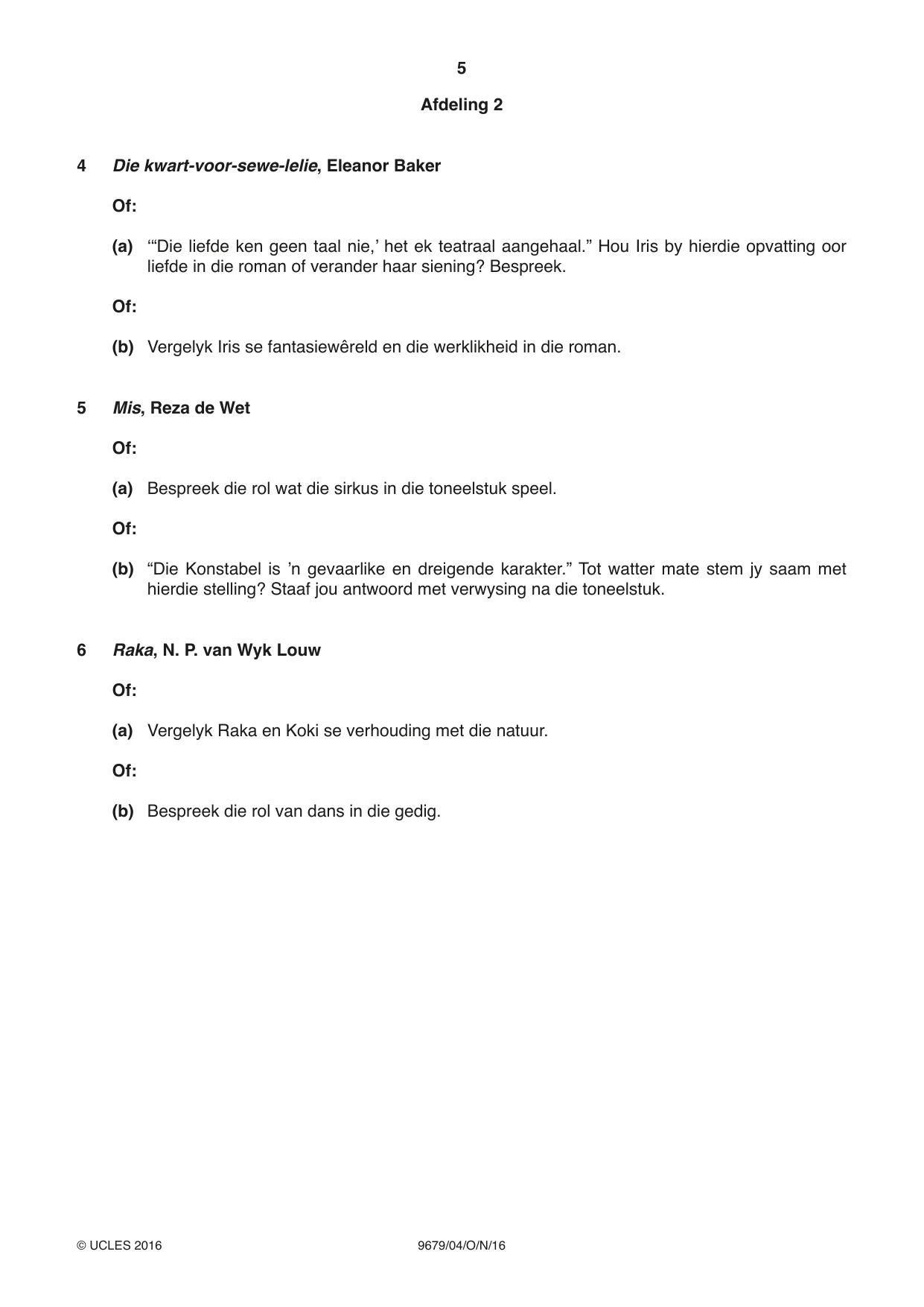 Cambridge A Level Afrikaans 9679 2016 Oct/Nov Paper 4 · Variant 1 question paper, page 5 of 8