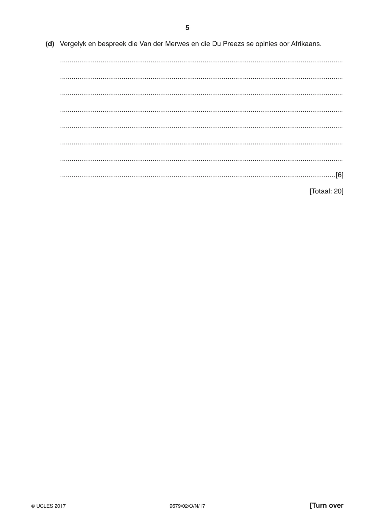 Cambridge A Level Afrikaans 9679 2017 Oct/Nov Paper 2 · Variant 1 question paper, page 5 of 12
