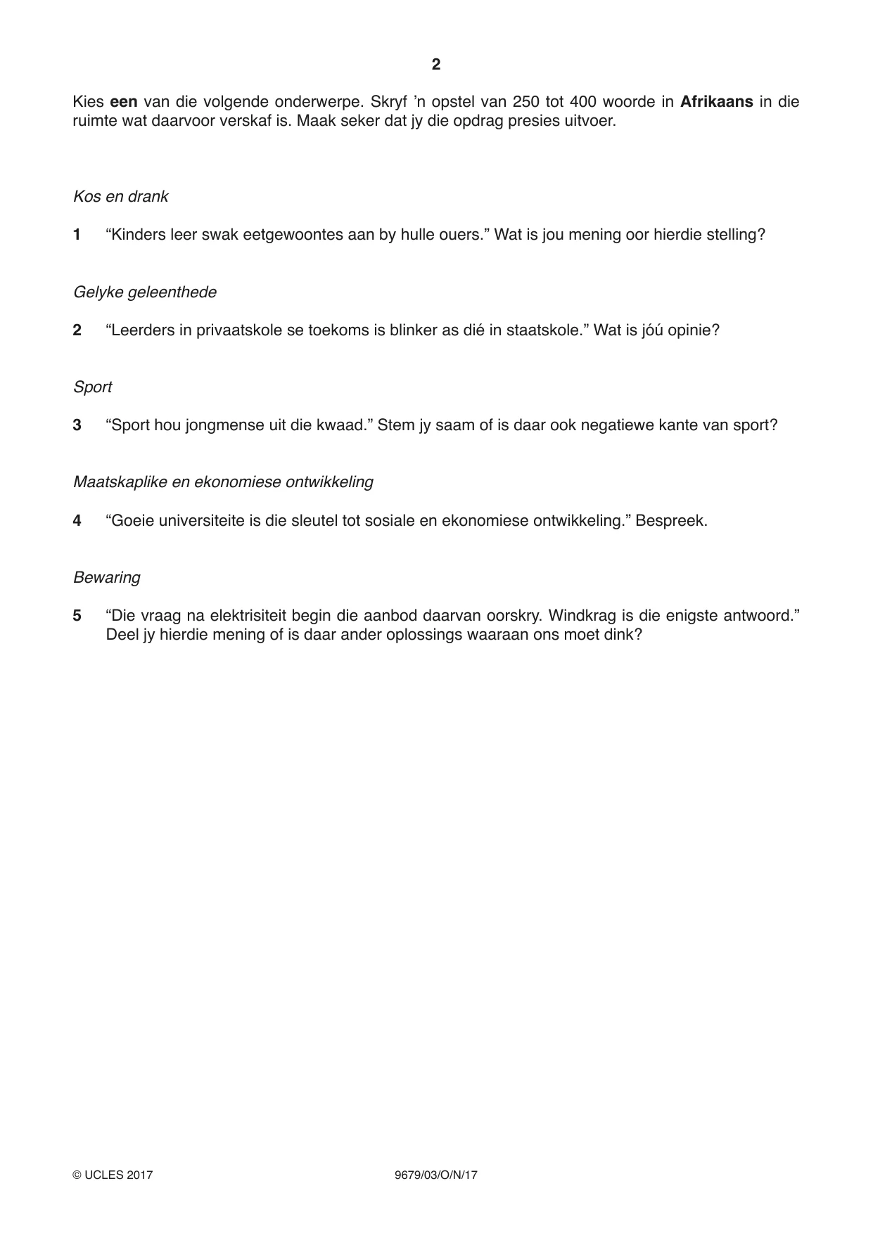 Cambridge A Level Afrikaans 9679 2017 Oct/Nov Paper 3 · Variant 1 question paper, page 2 of 8