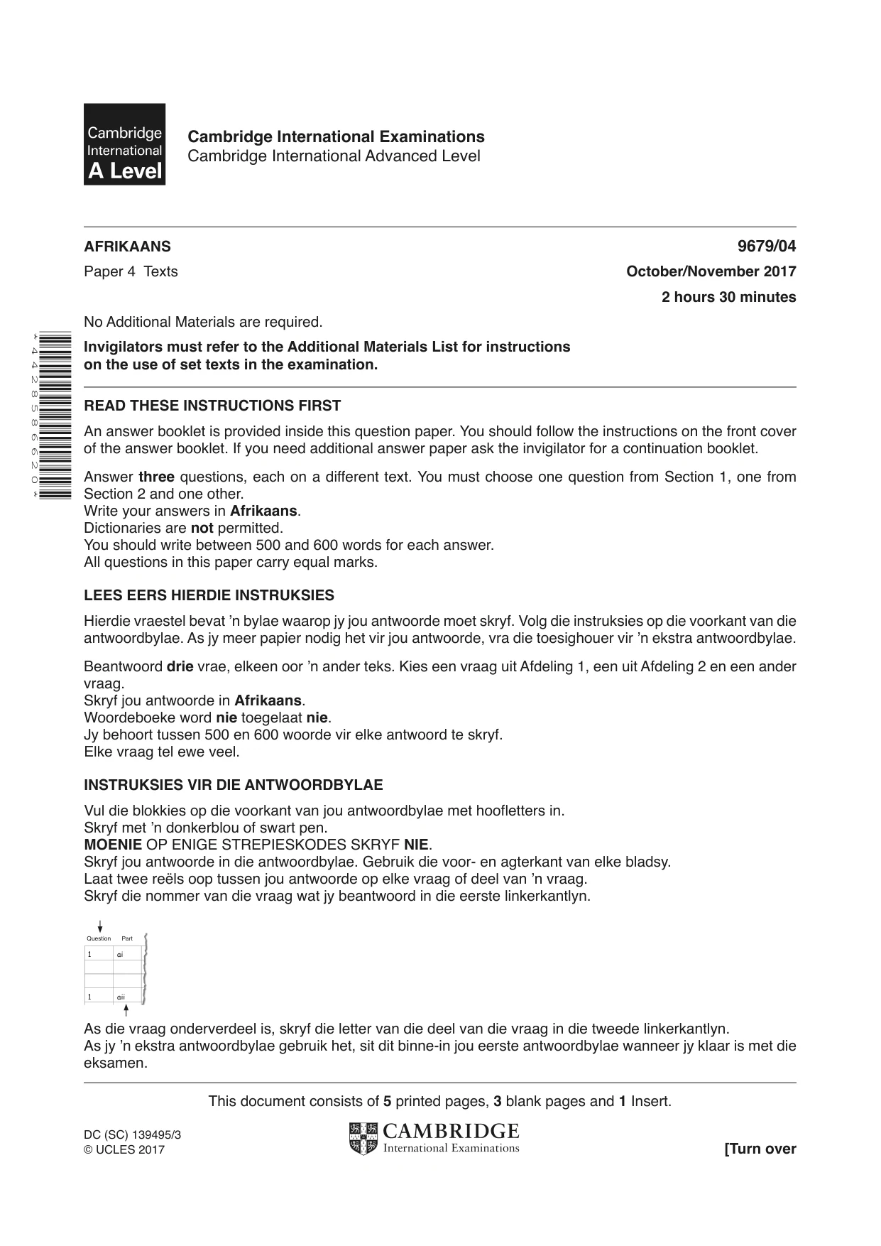 Cambridge A Level Afrikaans 9679 2017 Oct/Nov Paper 4 · Variant 1 question paper, page 1 of 8