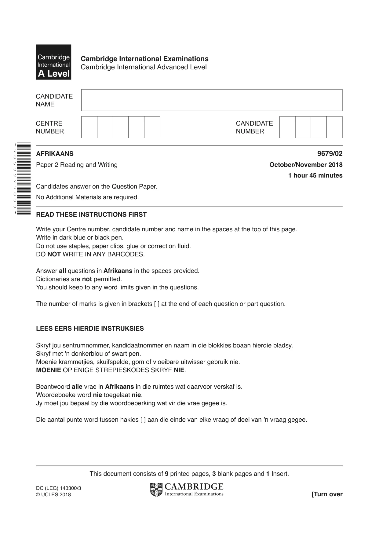 Cambridge A Level Afrikaans 9679 2018 Oct/Nov Paper 2 · Variant 0 question paper, page 1 of 12